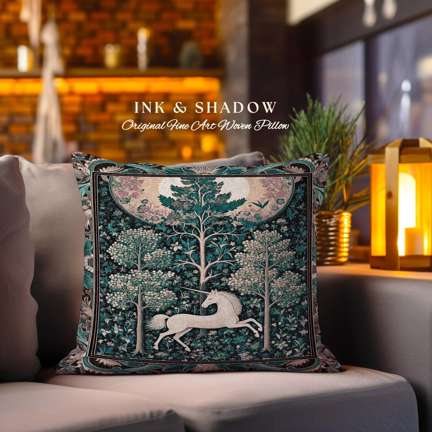 Moonlit Forest Mystical Unicorn Tapestry Pillow Medieval Fairycore Decor | Renaissance Whimsical Gothic Aesthetic Woven Cushion Forestcore |