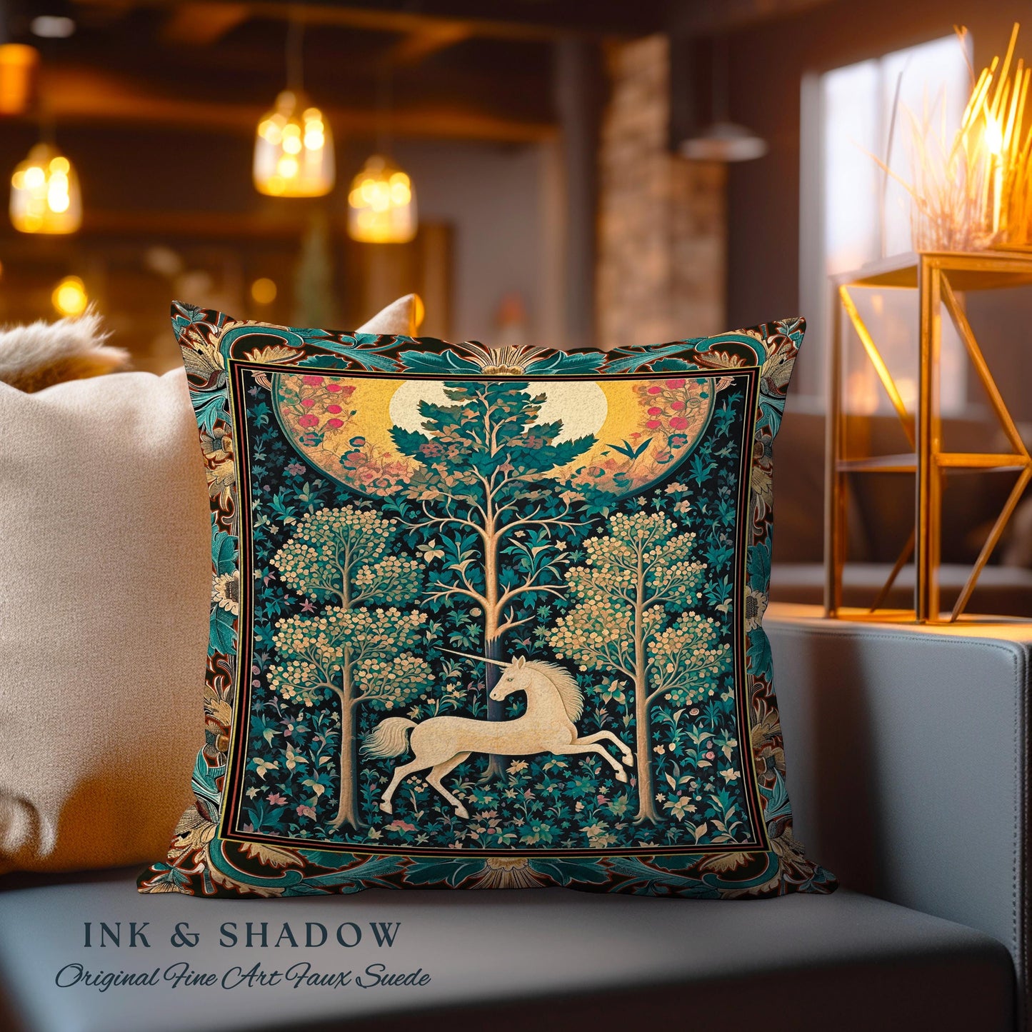 Moonlit Forest Mystical Unicorn Tapestry Pillow Medieval Fairycore Decor | Renaissance Whimsical Gothic Aesthetic Woven Cushion Forestcore |