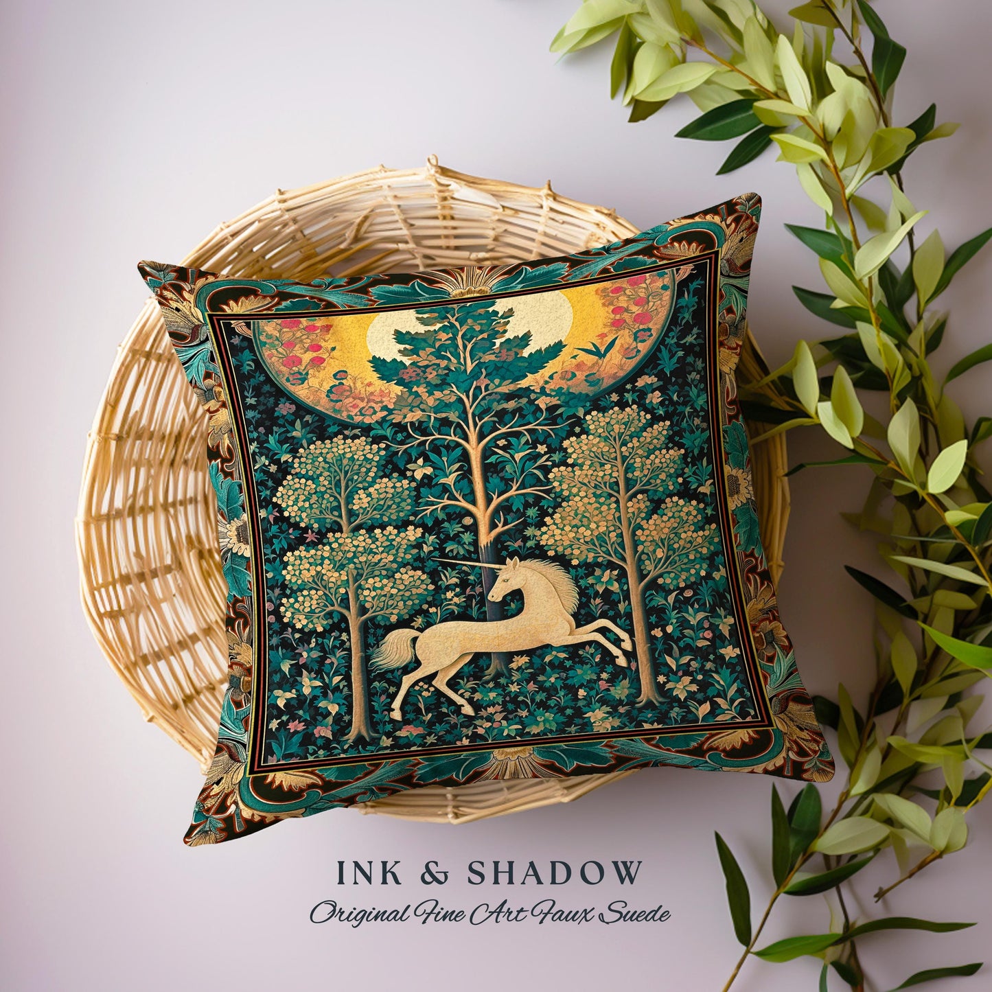 Moonlit Forest Mystical Unicorn Tapestry Pillow Medieval Fairycore Decor | Renaissance Whimsical Gothic Aesthetic Woven Cushion Forestcore |