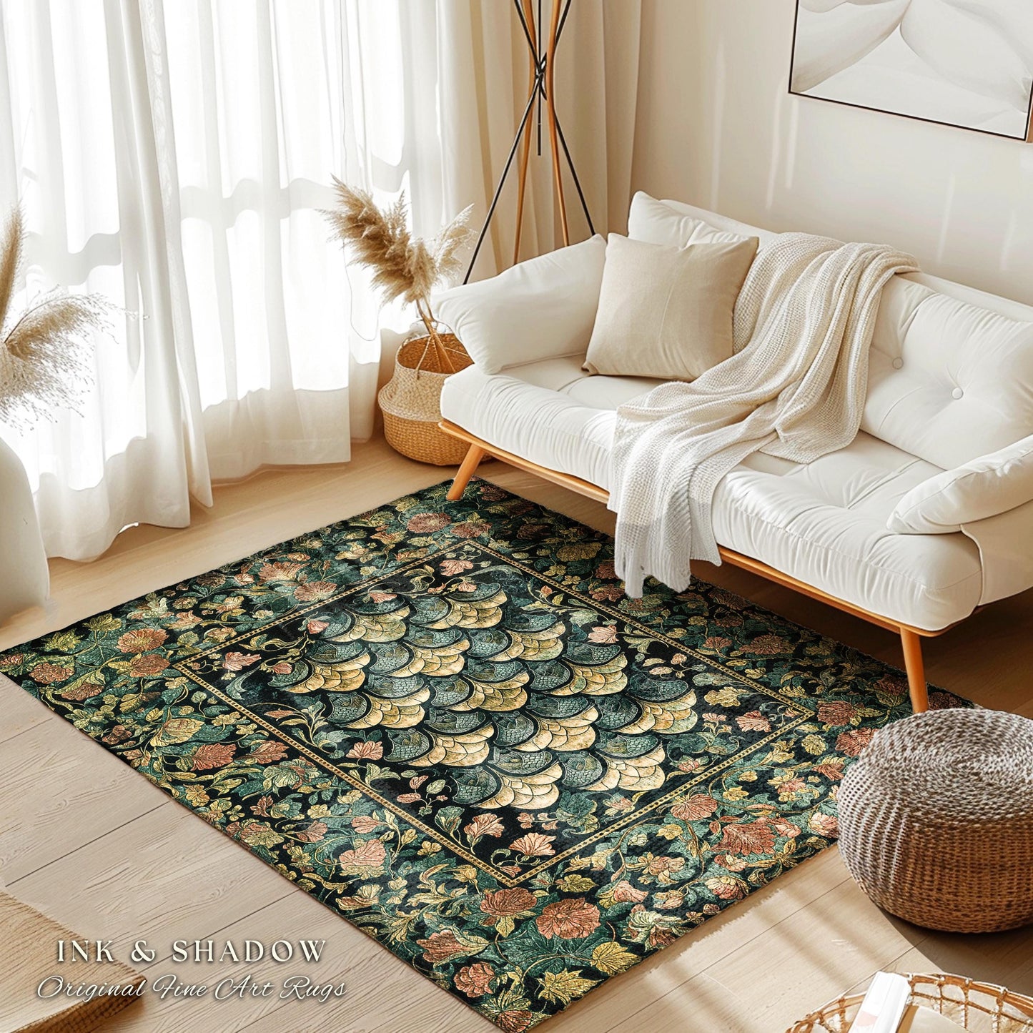 Moody Mysticism Dragon Scale Accent Rug | Dark Cottagecore Magical Medieval Area Rug Ornate Victorian Fantasy Aesthetic Book Nook Home Decor