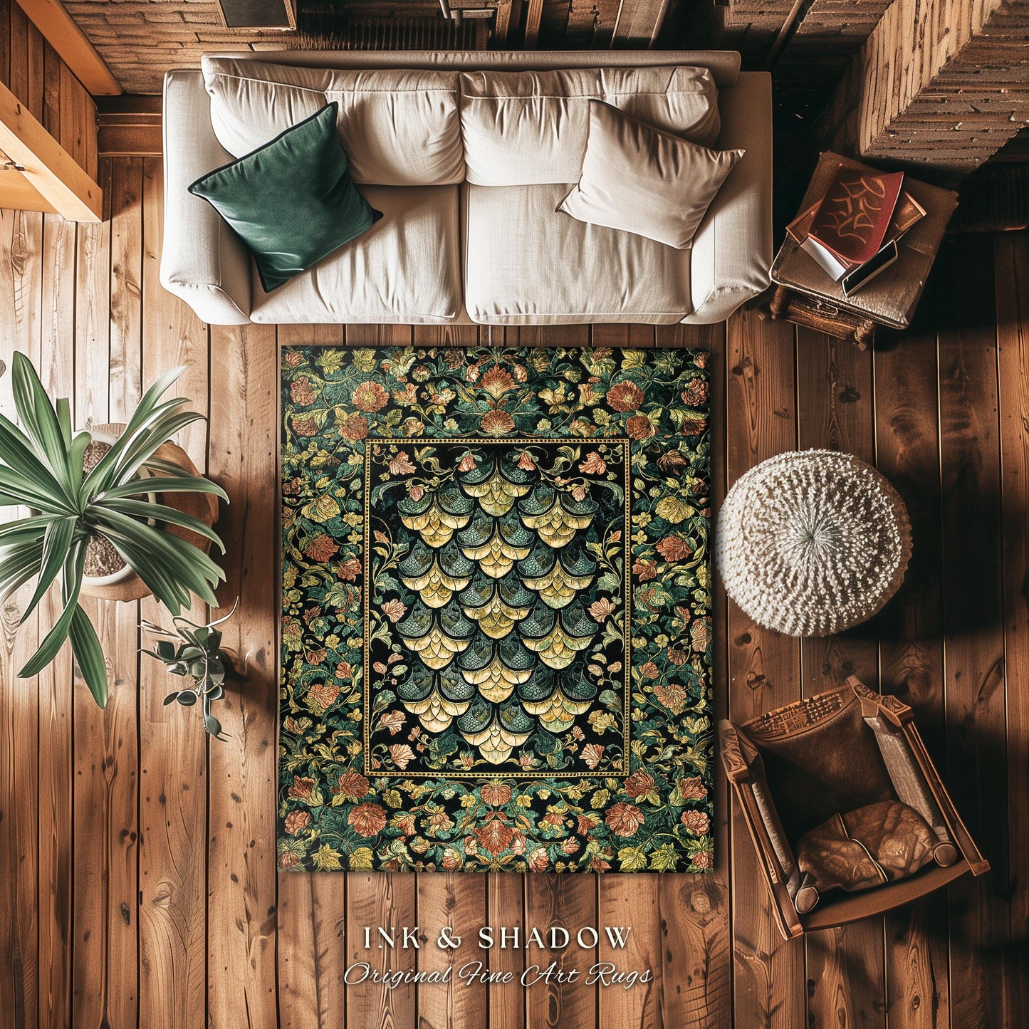 Moody Mysticism Dragon Scale Accent Rug | Dark Cottagecore Magical Medieval Area Rug Ornate Victorian Fantasy Aesthetic Book Nook Home Decor