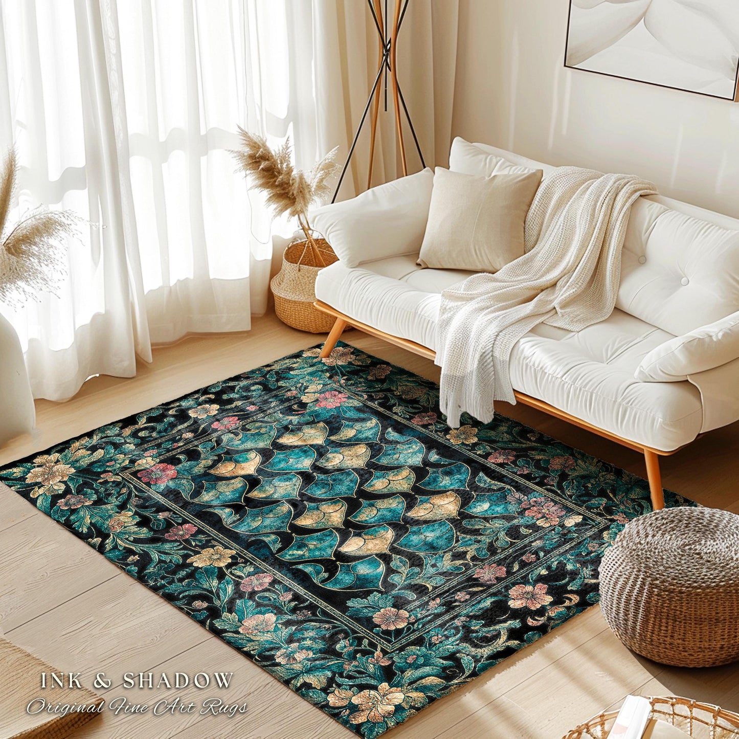 Gothic Teal Dragon Scale Area Rug | Ethereal Aesthetic Fairycore Elegance Home Accent Rug Mystic Storybook Dark Academia Bedroom Moody Decor