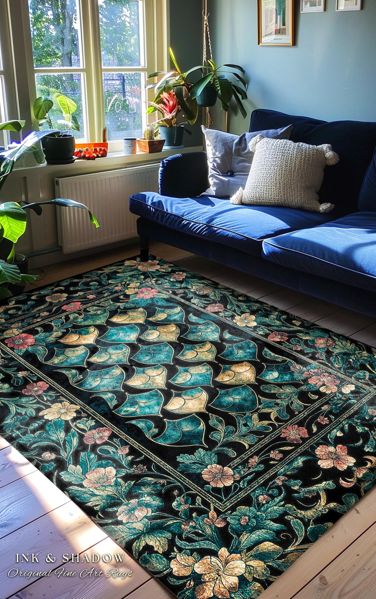Gothic Teal Dragon Scale Area Rug | Ethereal Aesthetic Fairycore Elegance Home Accent Rug Mystic Storybook Dark Academia Bedroom Moody Decor