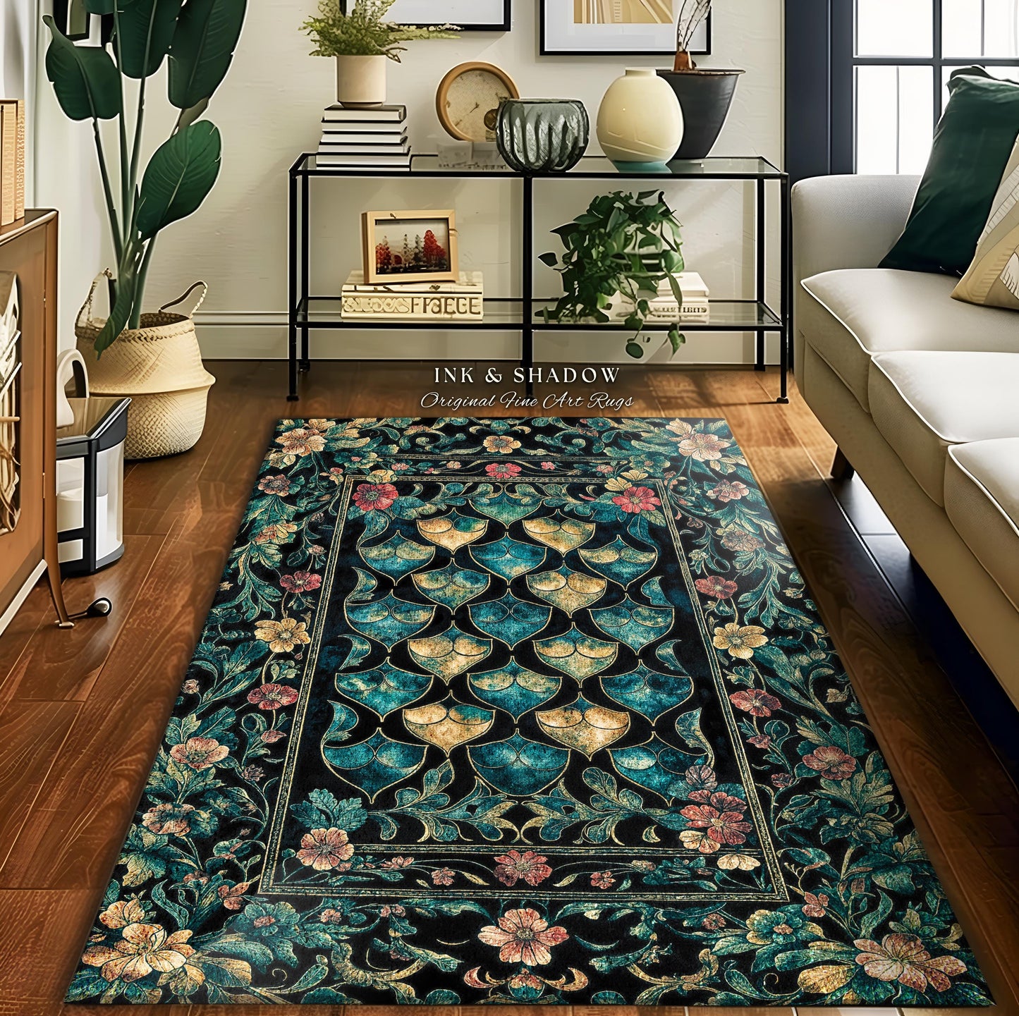 Gothic Teal Dragon Scale Area Rug | Ethereal Aesthetic Fairycore Elegance Home Accent Rug Mystic Storybook Dark Academia Bedroom Moody Decor