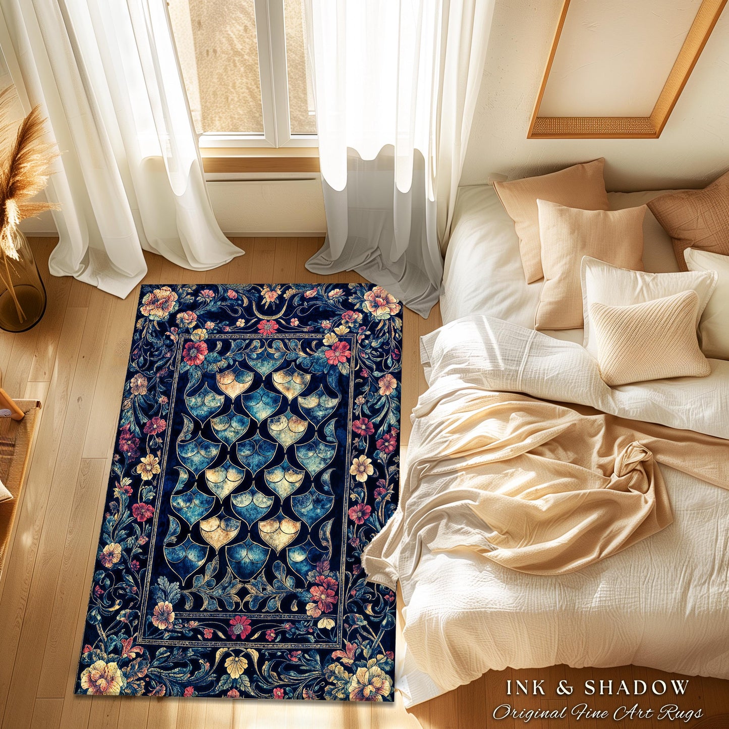 Medieval Dragon Scale Victorian Rug | Dark Navy Blue Gothic Dark Academia Aesthetic Fairytale Home Decor Enchanted Ornate Whimsical Floral |