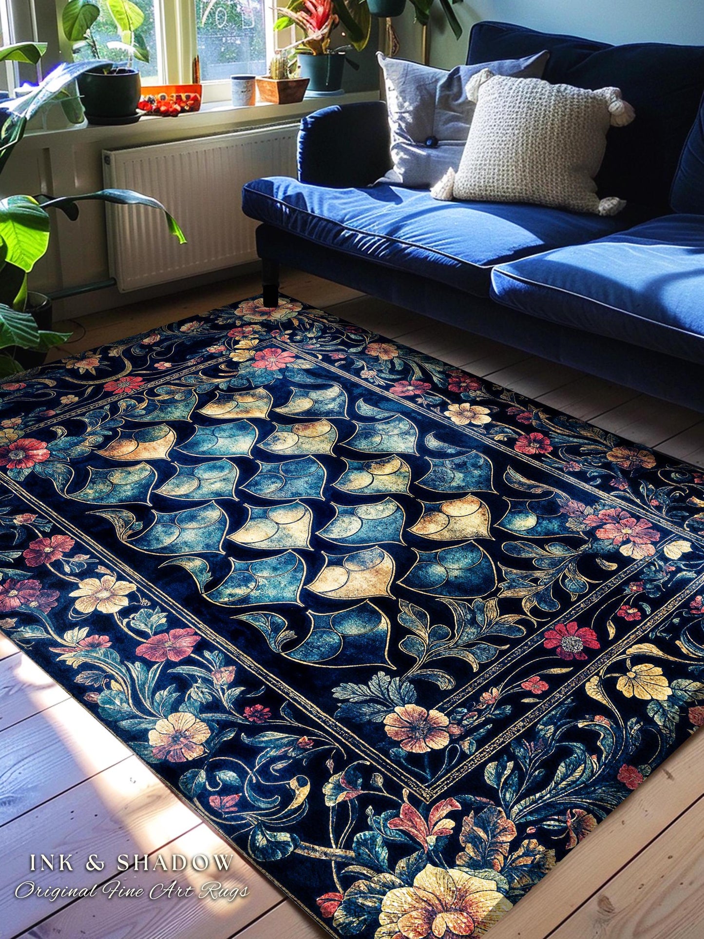 Medieval Dragon Scale Victorian Rug | Dark Navy Blue Gothic Dark Academia Aesthetic Fairytale Home Decor Enchanted Ornate Whimsical Floral |