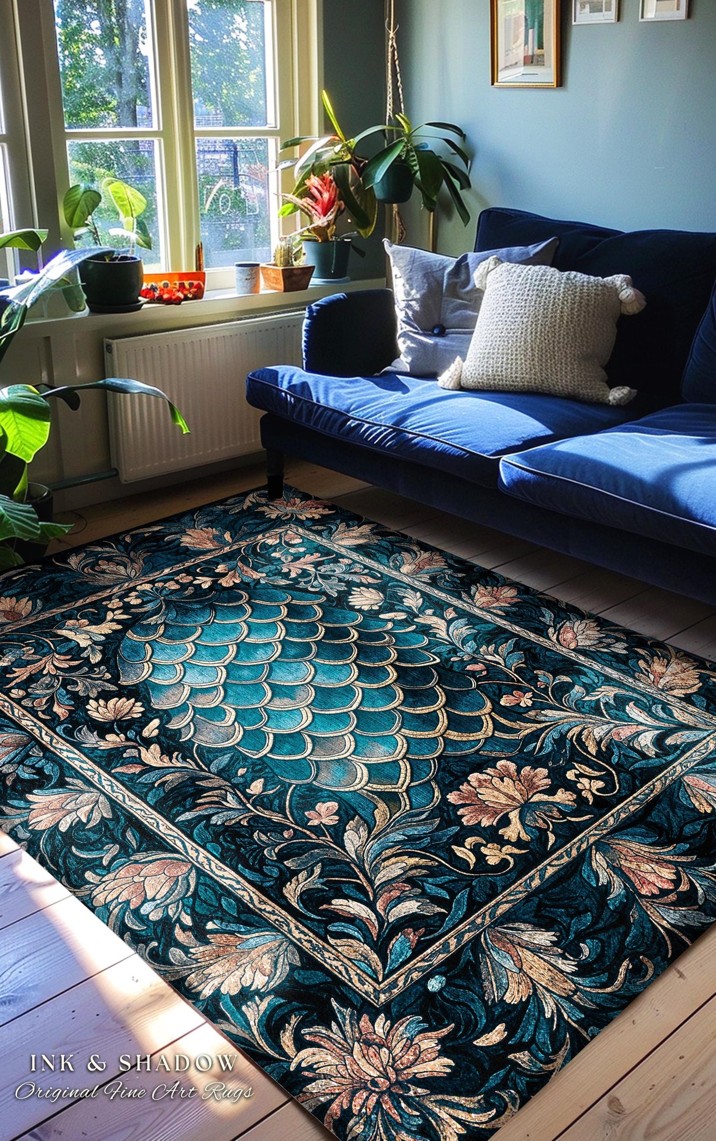 Midnight Navy Royal Accent Rug | Dragon Scale Art Deco Eclectic Ornate Bedroom Area Rug Dark Academia Maximalist Floral Fantasy Aesthetic |