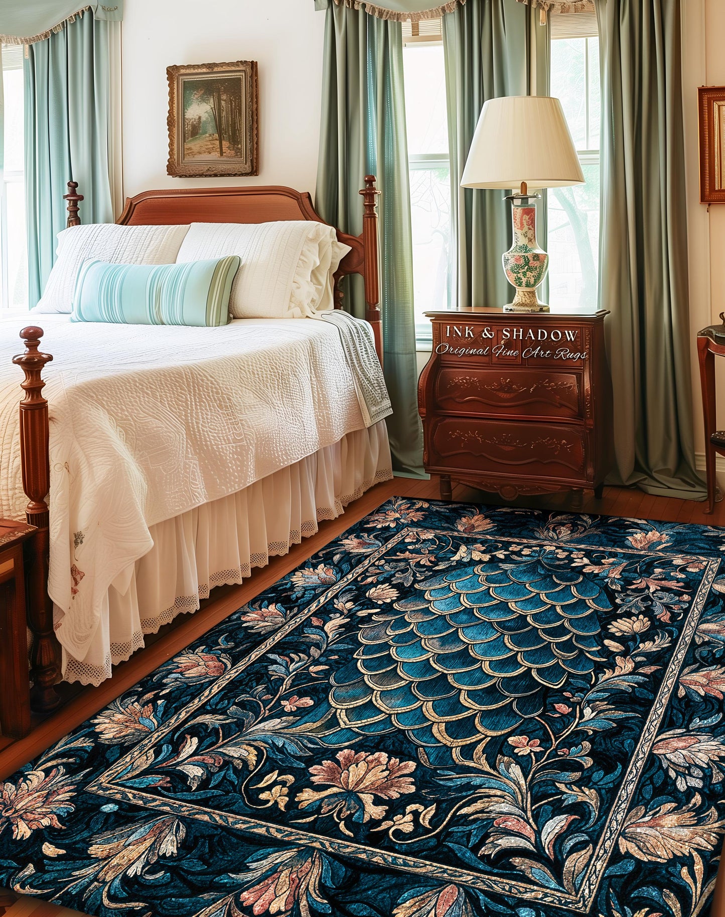 Midnight Navy Royal Accent Rug | Dragon Scale Art Deco Eclectic Ornate Bedroom Area Rug Dark Academia Maximalist Floral Fantasy Aesthetic |