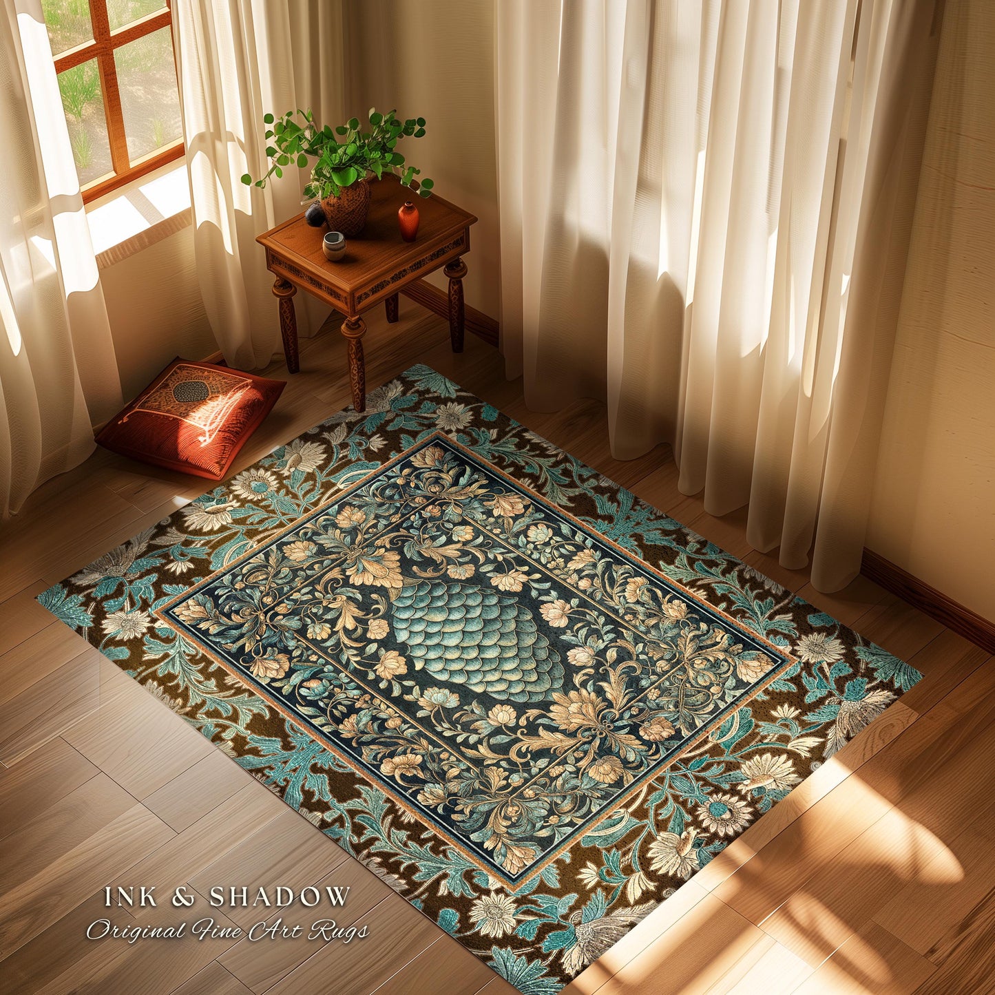 Soft Teal Castlecore Area Rug | Fairy Pastel Ornate Gothic Dragon Scale Fantasy Home Accent Rug Rustic Knightcore Medieval Victorian Decor |
