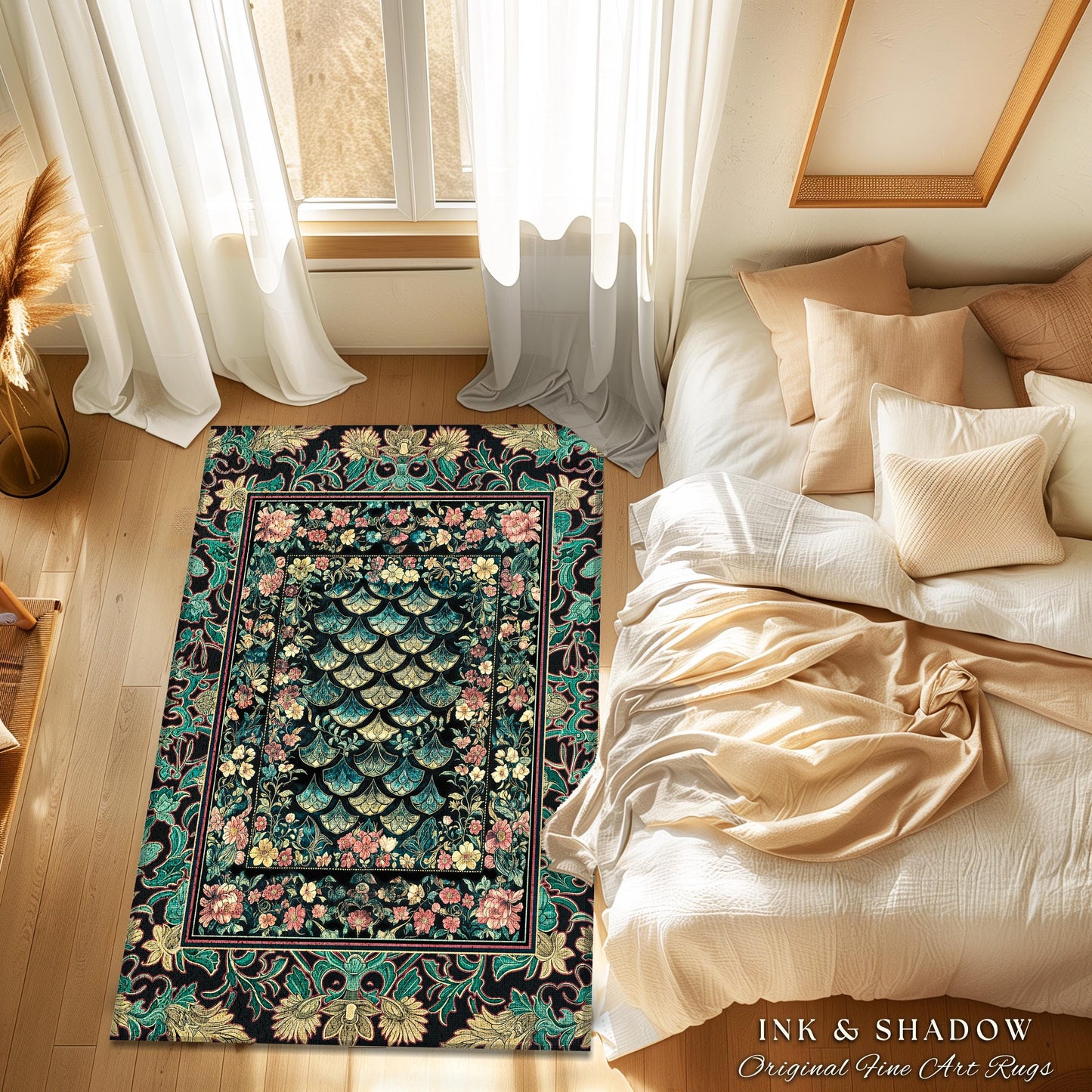 Maximalist Floral Eclectic Area Rug | Princesscore Royal Home Accent Rug Ethereal Pastel Storybook Medieval Magic Victorian Dragon Scales |