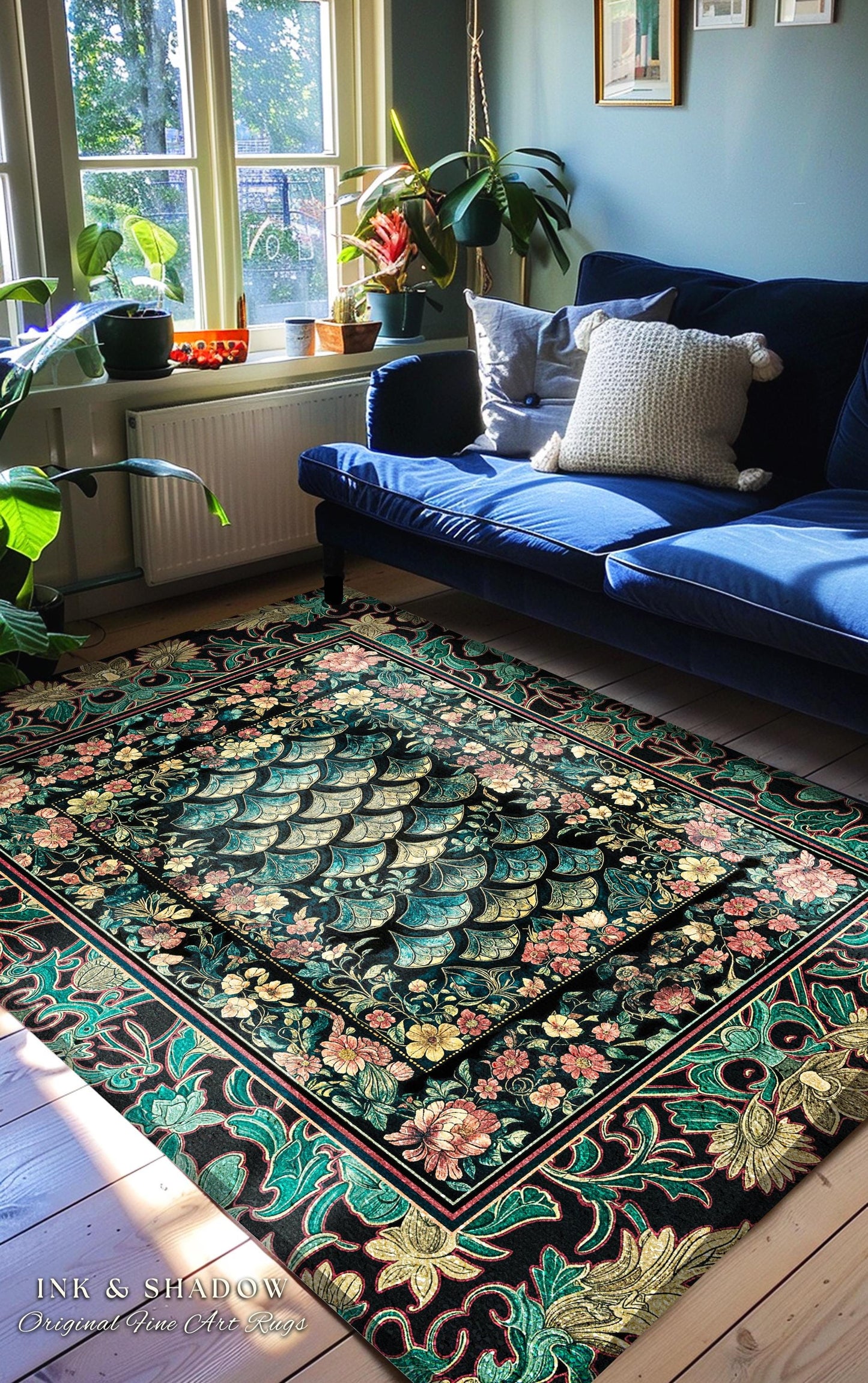 Maximalist Floral Eclectic Area Rug | Princesscore Royal Home Accent Rug Ethereal Pastel Storybook Medieval Magic Victorian Dragon Scales |