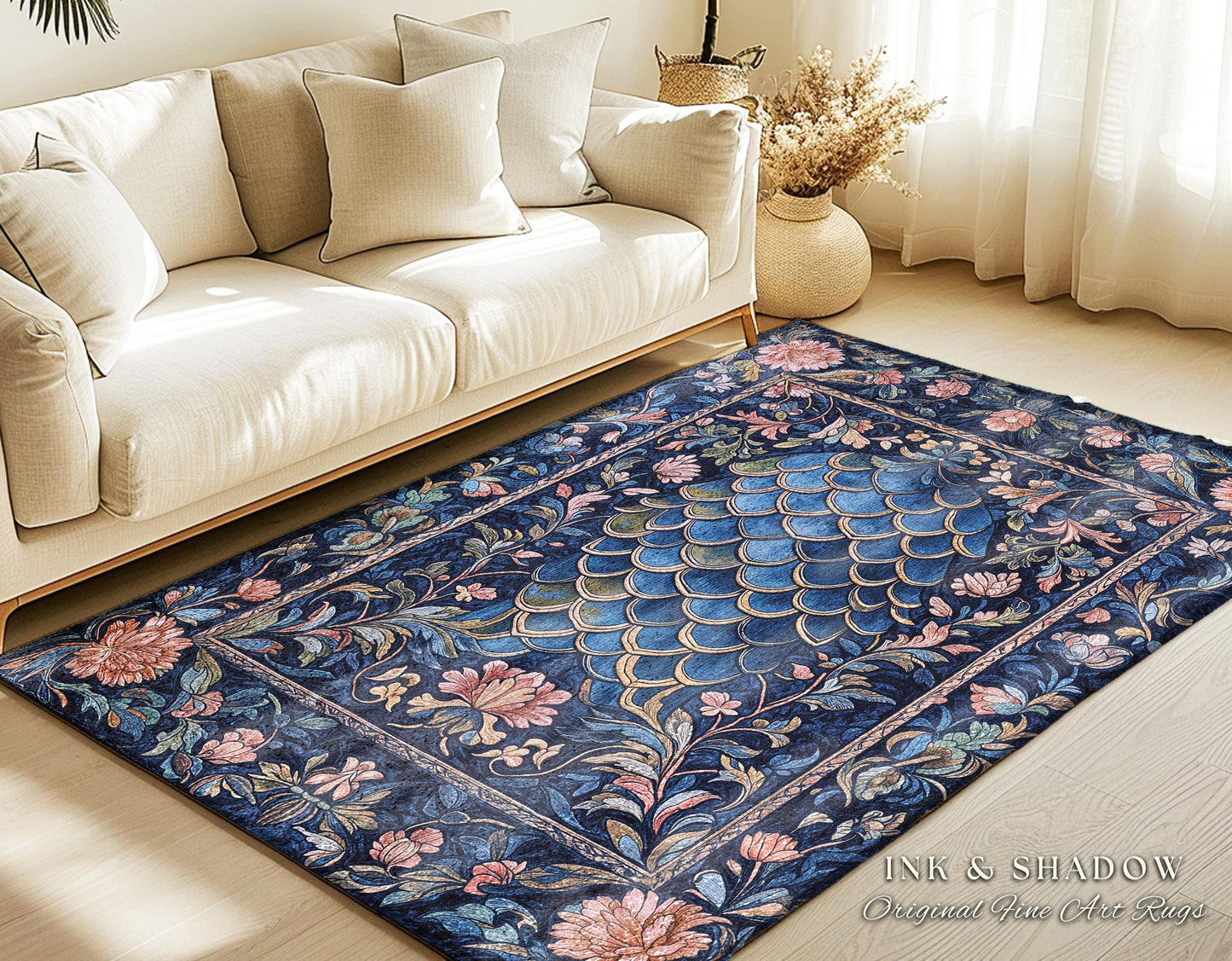 Mystic Academia Dragon Scale Area Rug | Whimsigothic Elegance Ornate Baroque Navy Blue Aesthetic Fairytale Floral Home Decor Accent Rug Goth