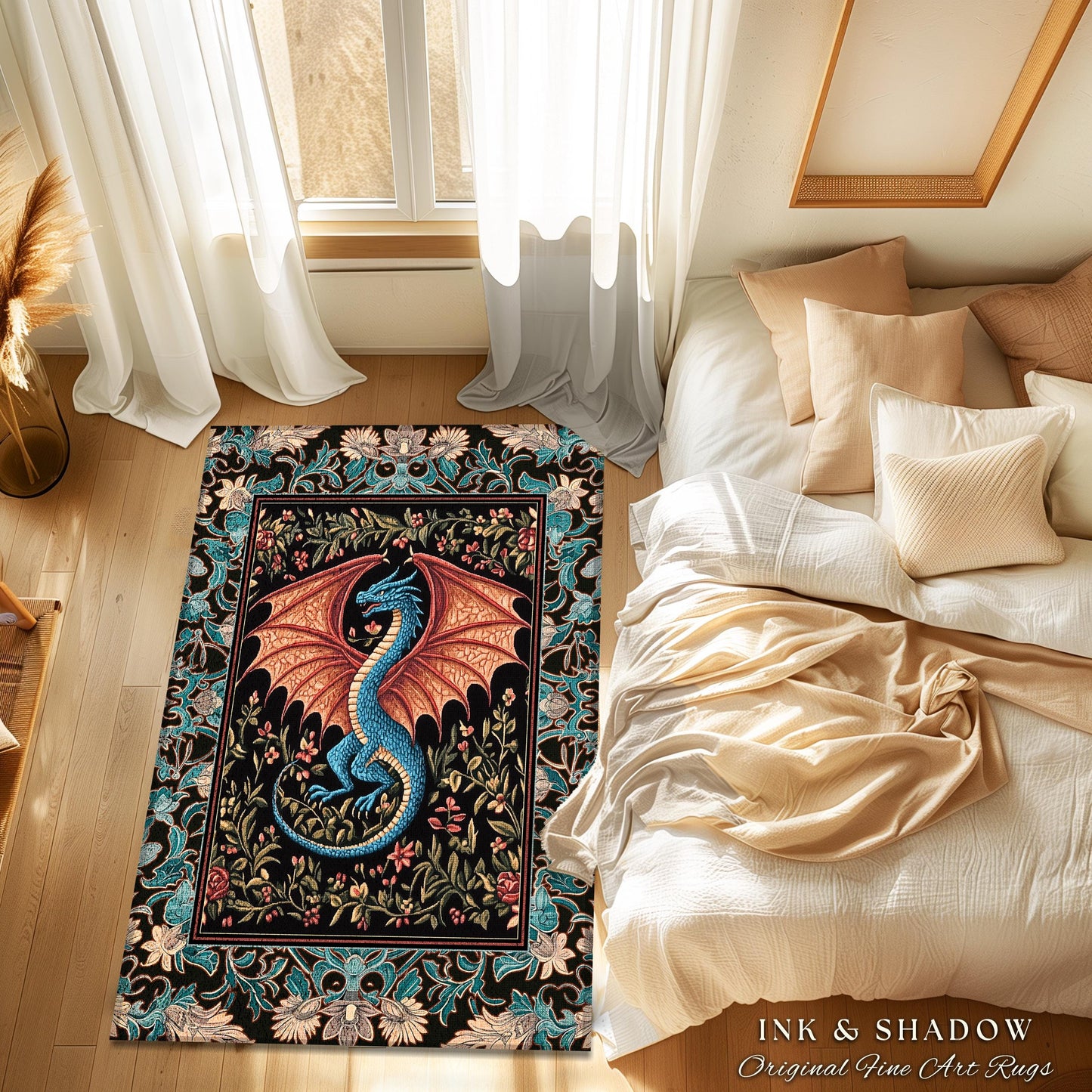 Medieval Florals Mystic Dragon Rug | Magical Beasts Middle Ages Storybook Theme Mythical Woodland Whimsy Fairycore Bedroom Baroque Fantasy