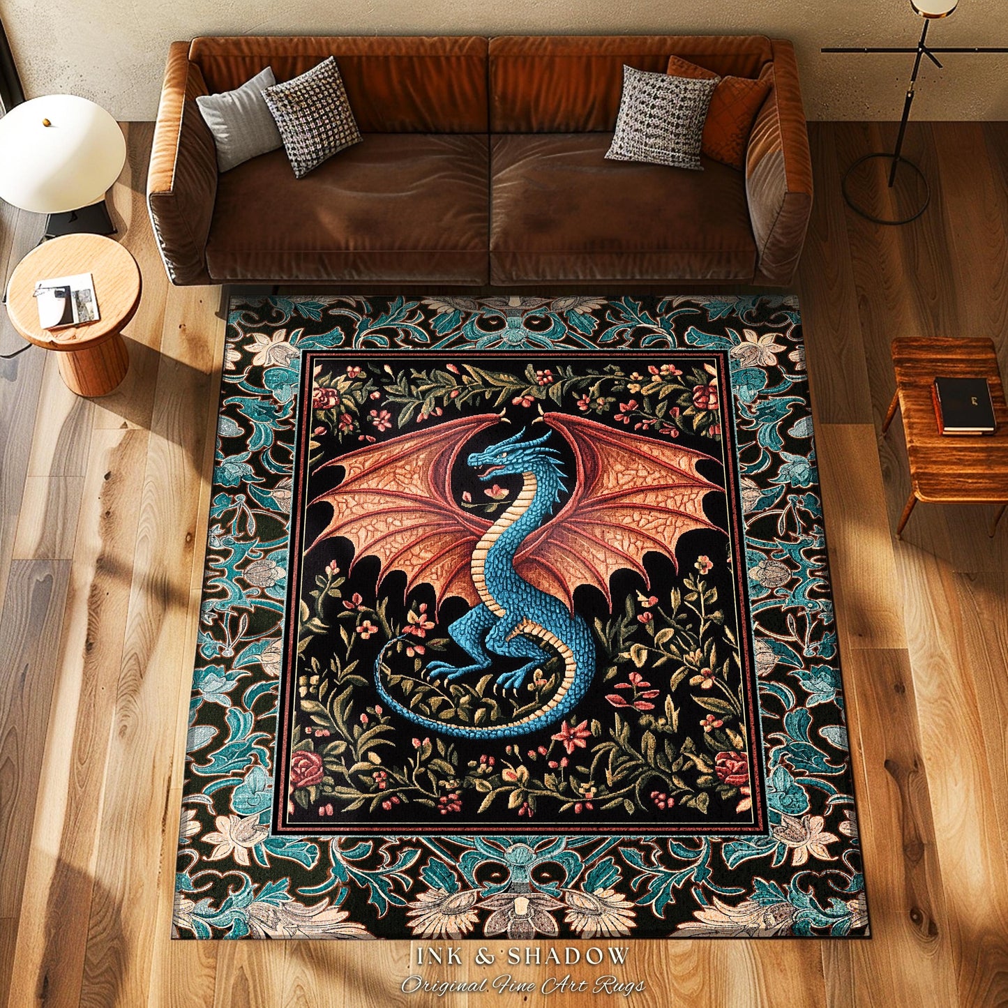 Medieval Florals Mystic Dragon Rug | Magical Beasts Middle Ages Storybook Theme Mythical Woodland Whimsy Fairycore Bedroom Baroque Fantasy