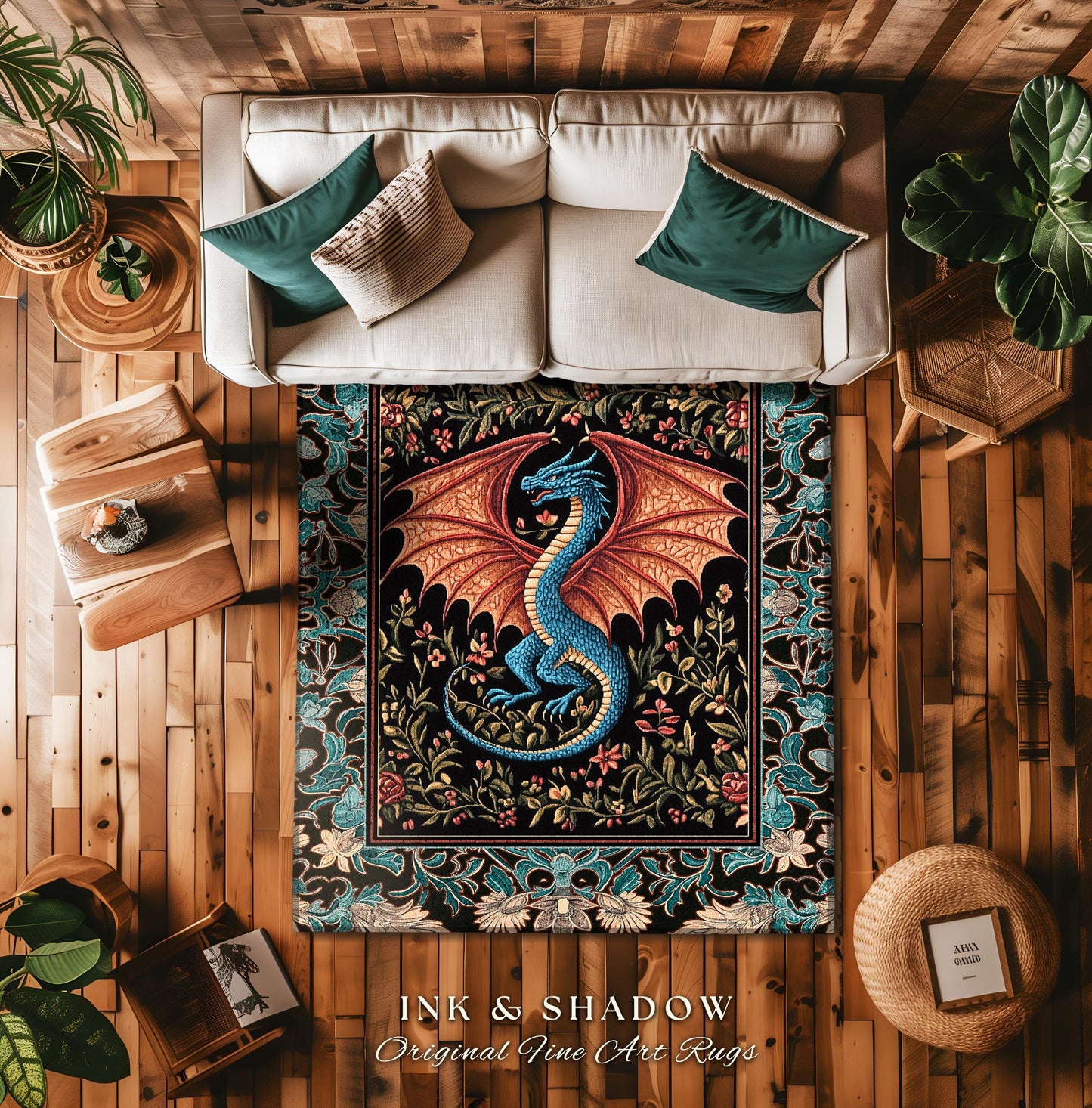 Medieval Florals Mystic Dragon Rug | Magical Beasts Middle Ages Storybook Theme Mythical Woodland Whimsy Fairycore Bedroom Baroque Fantasy