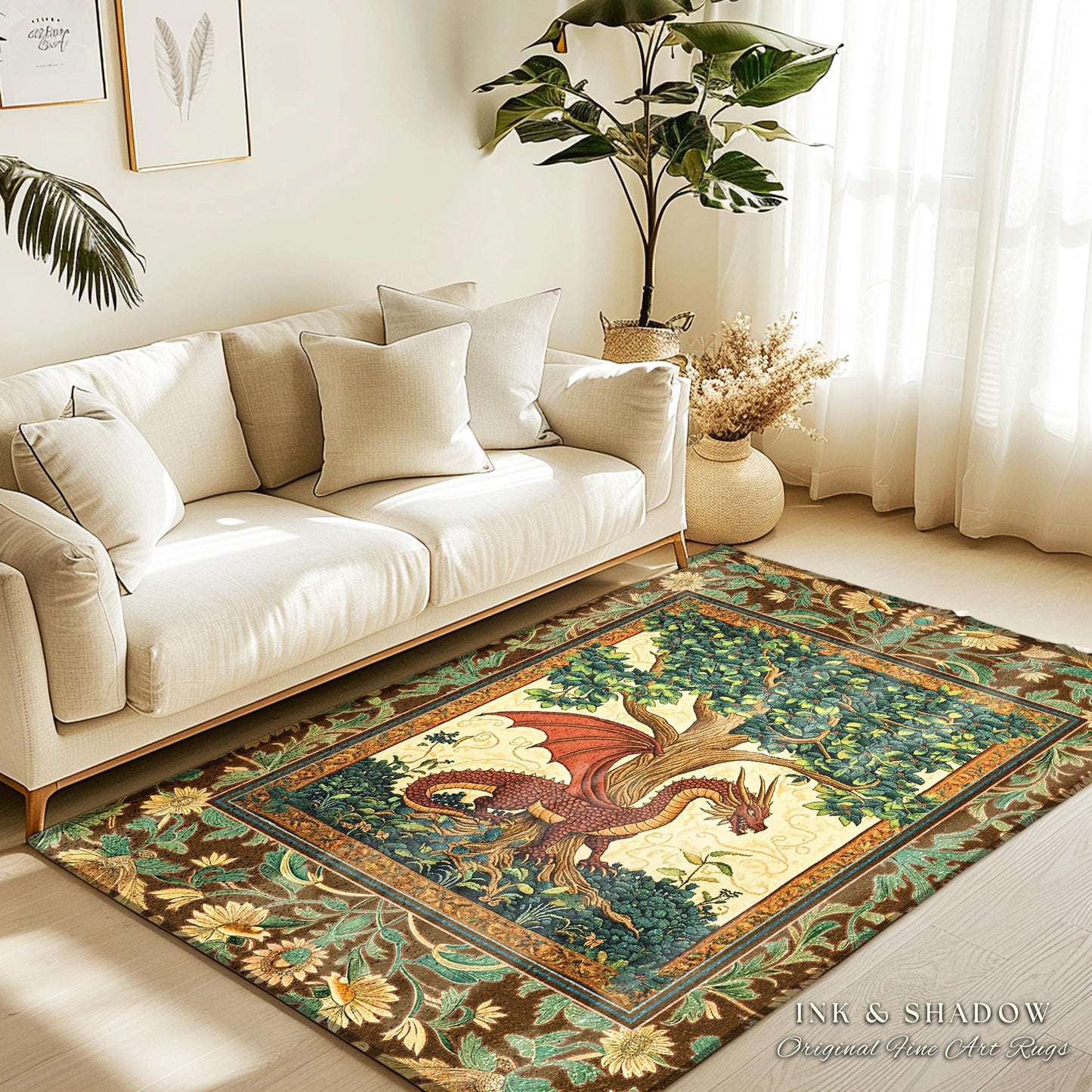 Medieval Enchantment Rustic Bedroom Rug | Whimsical Woodland Dragon Theme Mystical Tree of Life Decor Magical Forest Whimsigothic Accent Rug