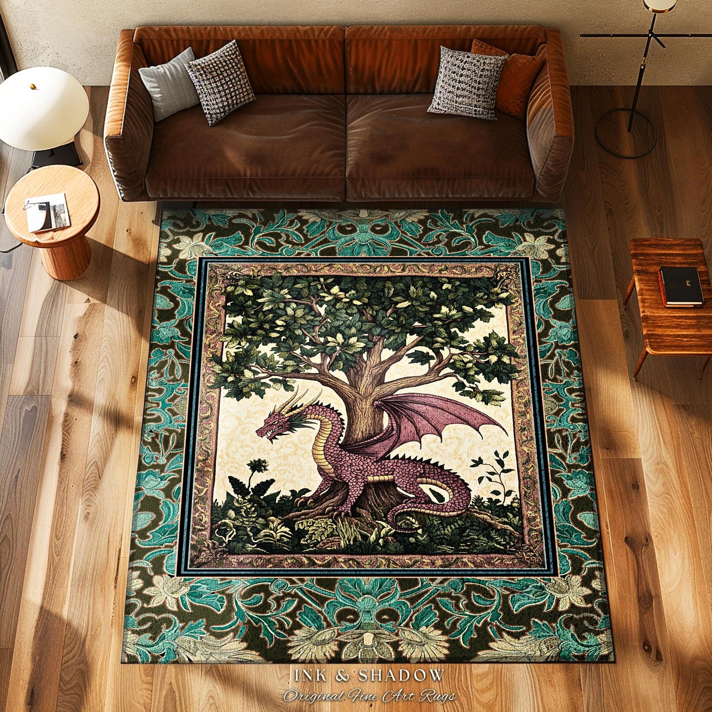 Rustic Bohemian Medieval Theme Rug | Tree of Life Bedroom Floor Accent Whimsical Medieval Dragon Rug Storybook Folklore Aesthetic Victorian
