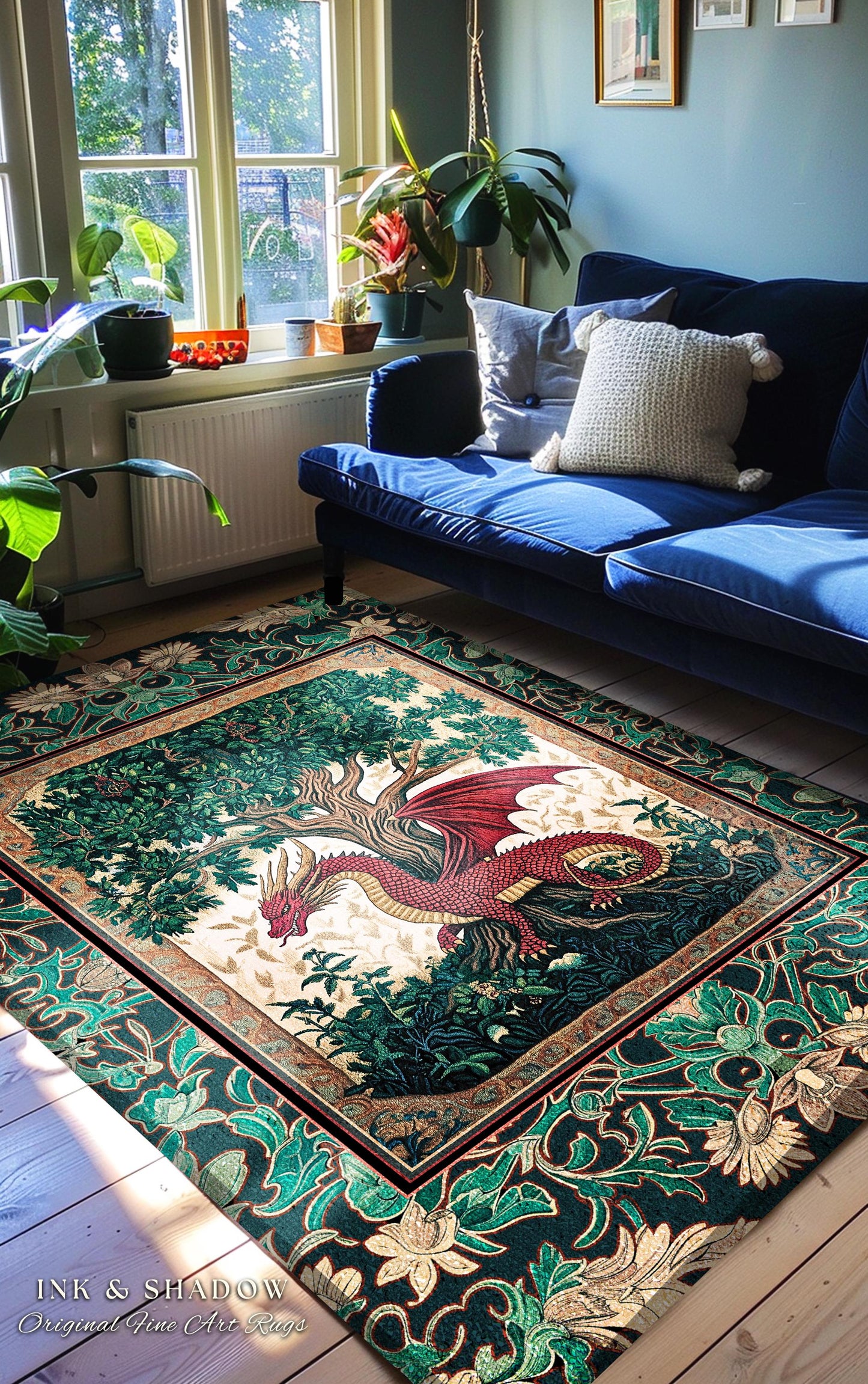 Knight Aesthetic Dragon Accent Rug | Woodland Whimsical Storybook Fairytale Area Rug Botanical Victorian Middle Ages Enchanted Home Decor |