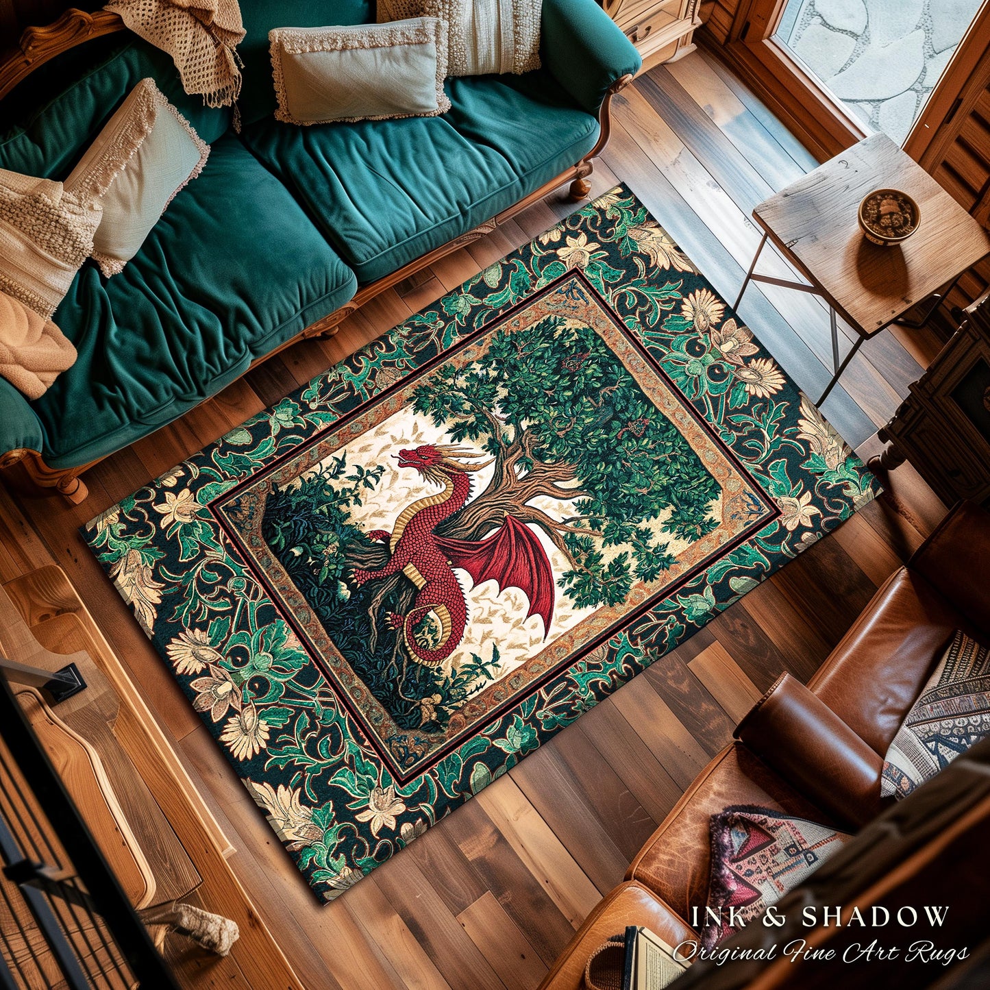 Knight Aesthetic Dragon Accent Rug | Woodland Whimsical Storybook Fairytale Area Rug Botanical Victorian Middle Ages Enchanted Home Decor |