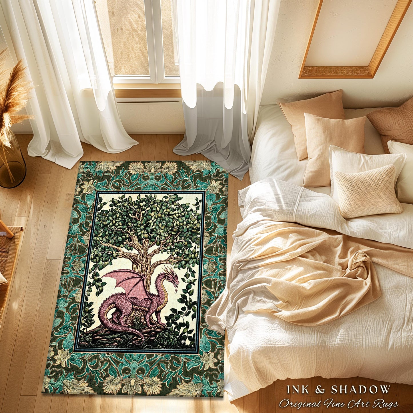 Mystic Academia Dark Medieval Dragon Area Rug | Enchanted Gloomy Ethereal Botanical Bedroom Goblincore Style Fairytale Storybook Cottagecore
