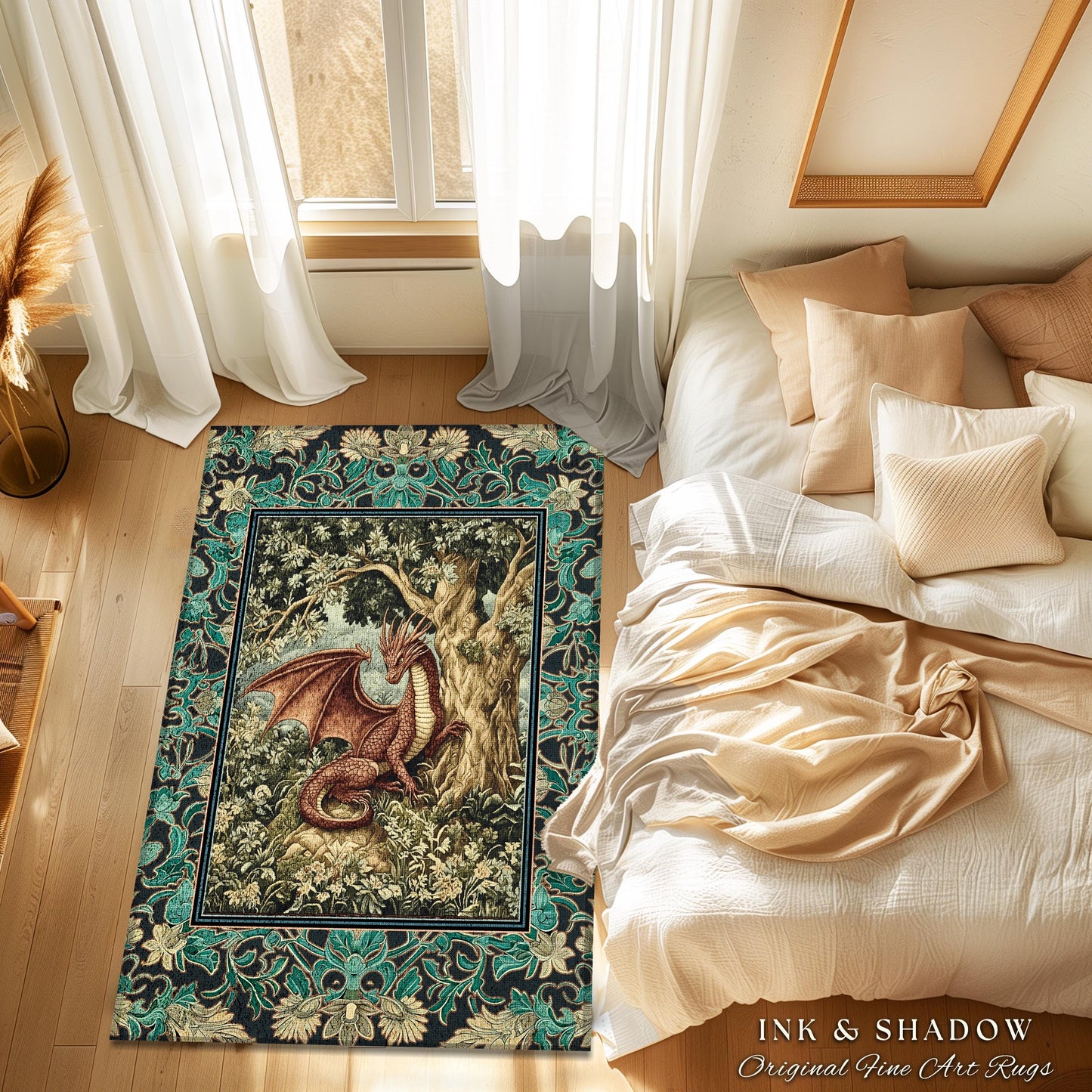 Moody Mythological Dragon Floor Rug | Whimsical Bedroom Dark Medieval Dragon Area Rug Enchanted Gloomy Ethereal Goblincore Style Bedroom |
