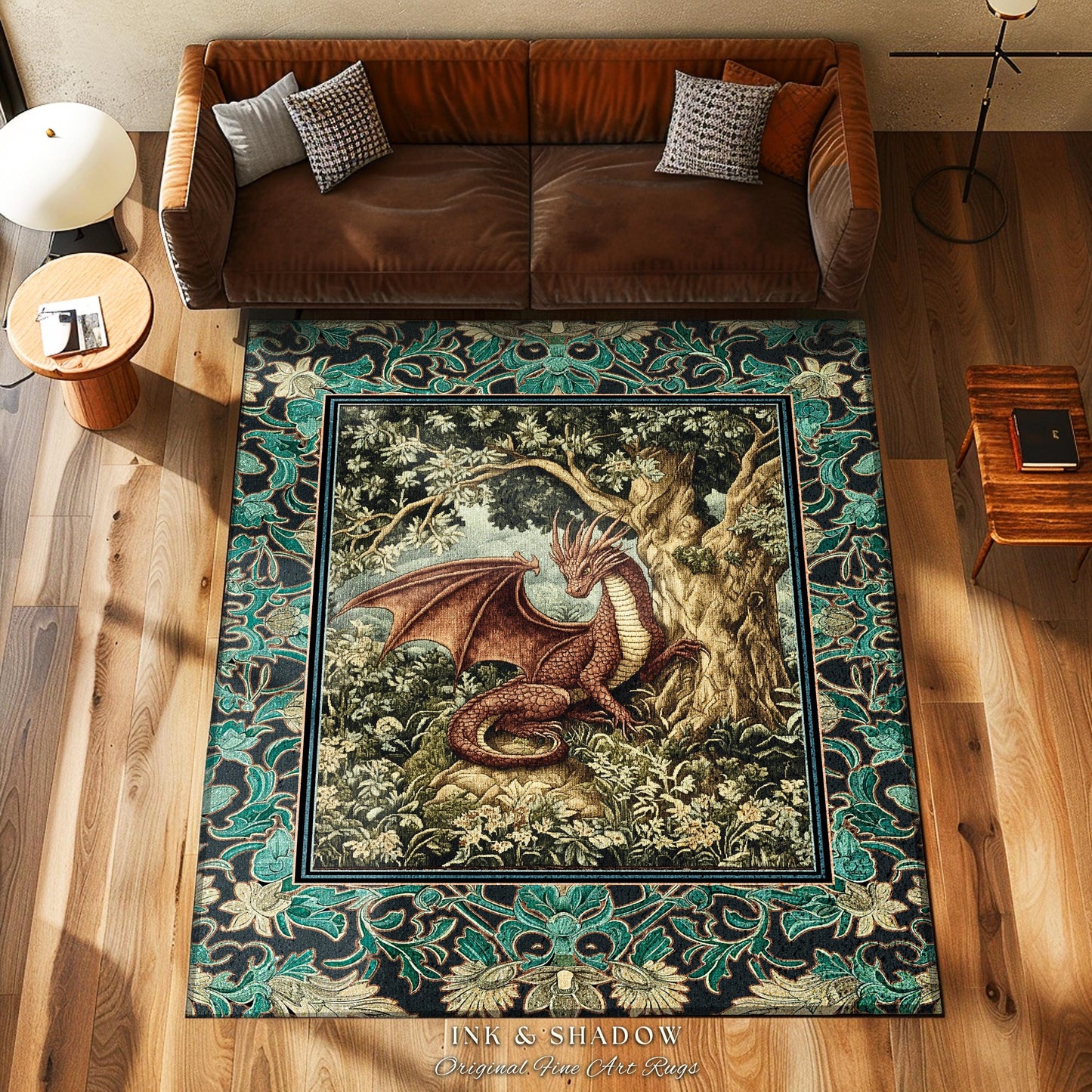 Moody Mythological Dragon Floor Rug | Whimsical Bedroom Dark Medieval Dragon Area Rug Enchanted Gloomy Ethereal Goblincore Style Bedroom |