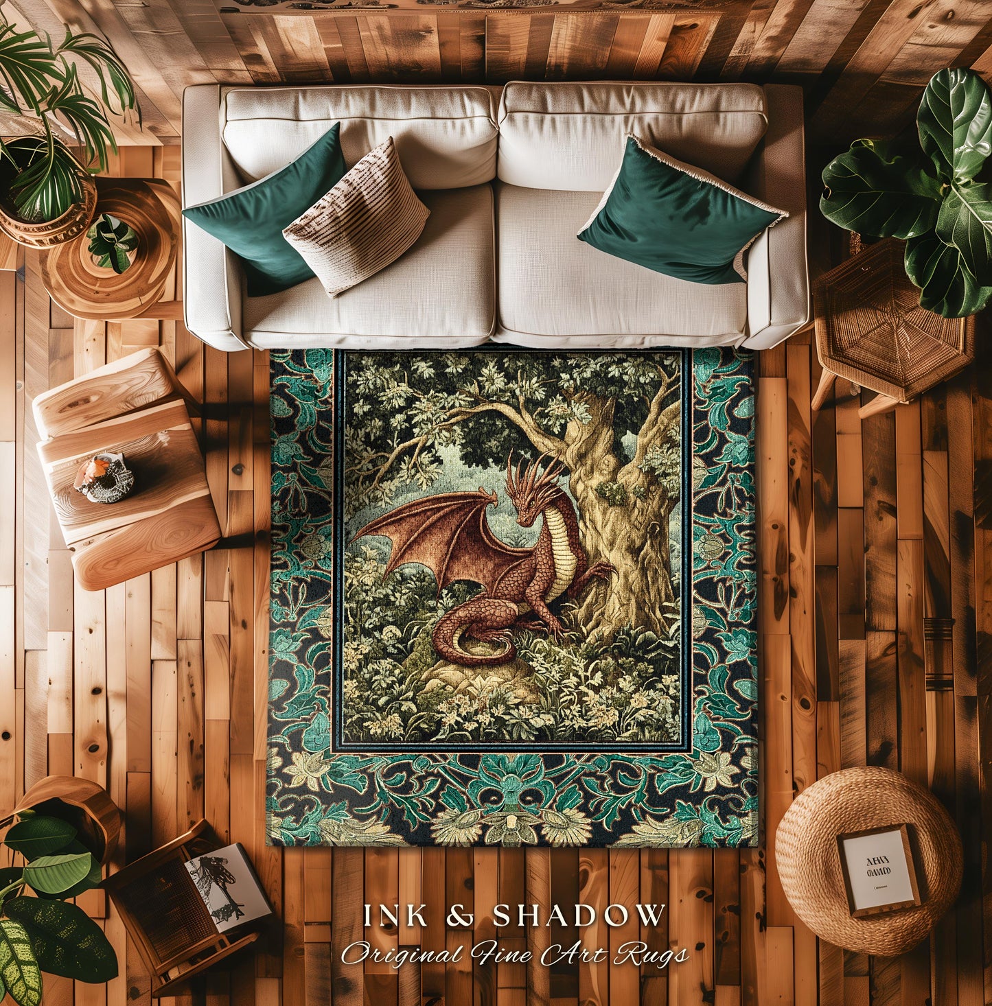 Moody Mythological Dragon Floor Rug | Whimsical Bedroom Dark Medieval Dragon Area Rug Enchanted Gloomy Ethereal Goblincore Style Bedroom |