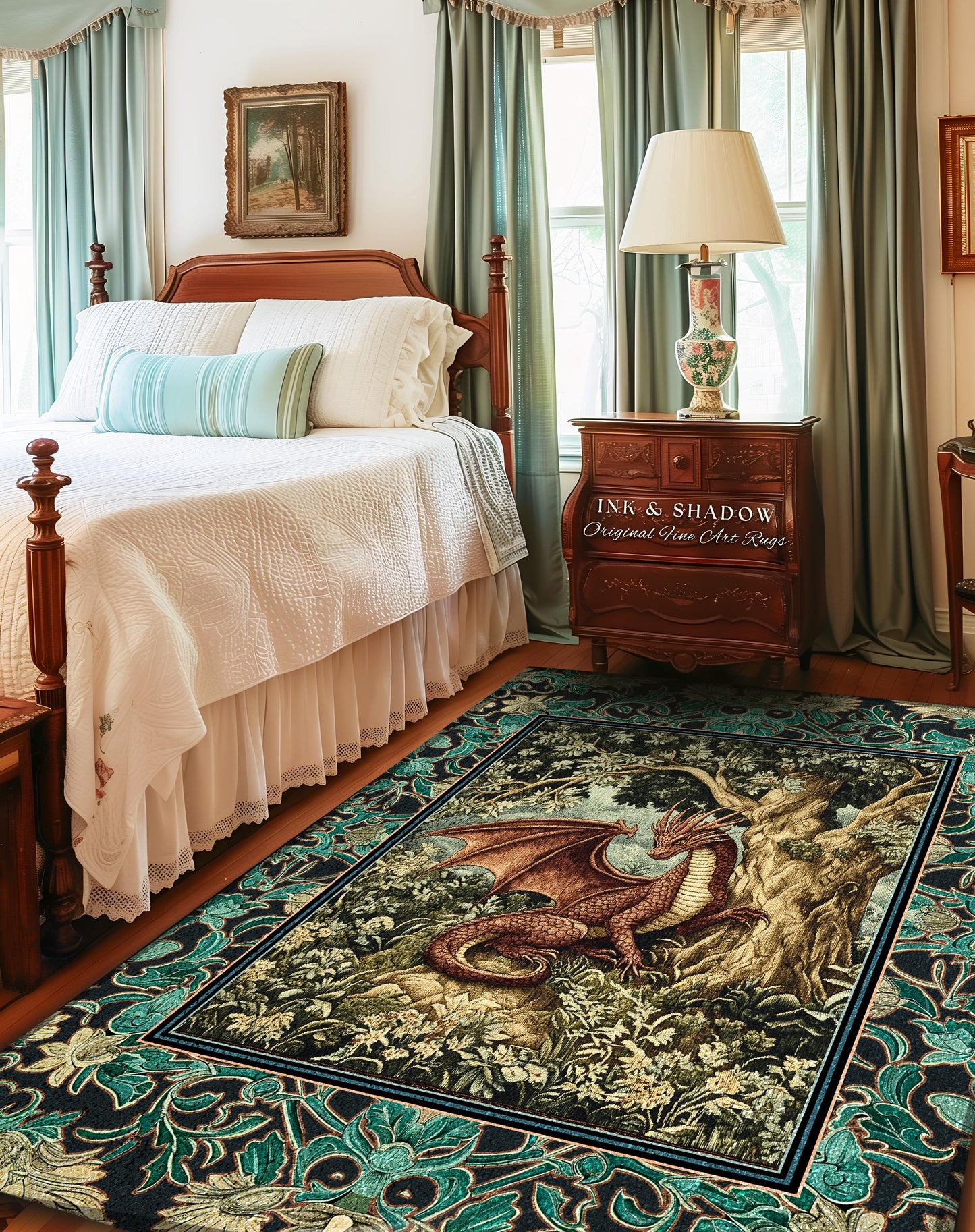 Moody Mythological Dragon Floor Rug | Whimsical Bedroom Dark Medieval Dragon Area Rug Enchanted Gloomy Ethereal Goblincore Style Bedroom |
