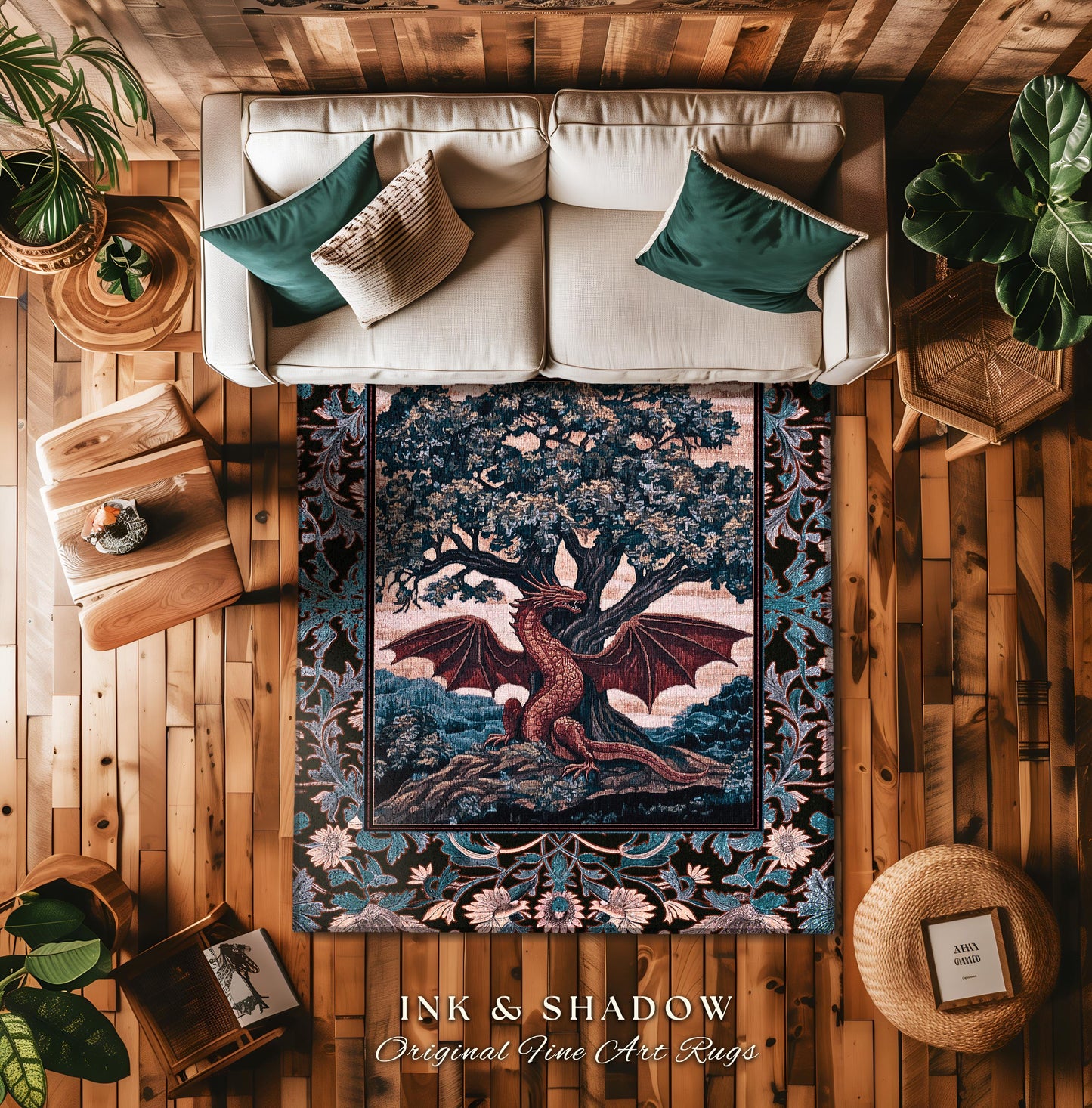 Rustic Medieval Fantasy Dragon Area Rug | Romantic Aesthetic Baroque Bedroom Fantasy Tree of Life Botanical Mythical Creatures Bedroom Art |