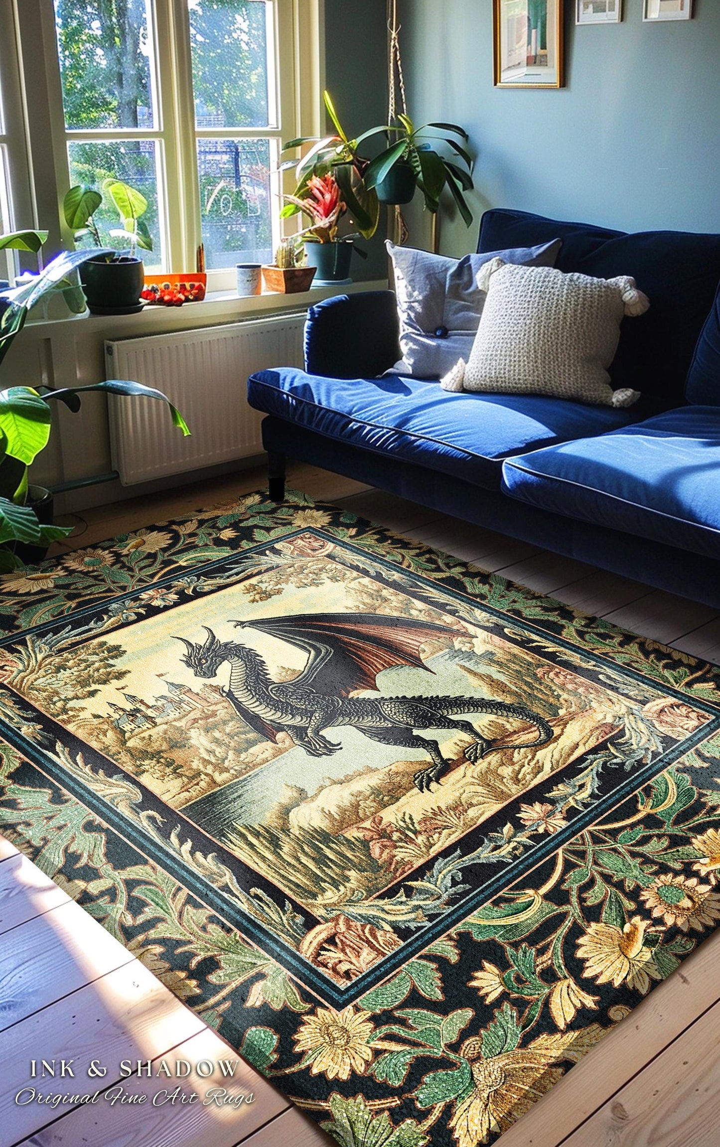 Black Dragon Royal Elegance Rug | Storybook Gilt Gothic Carpet Woodland Medieval Ornate Bedroom Ethereal Fairytale Botanical Bedroom Accent