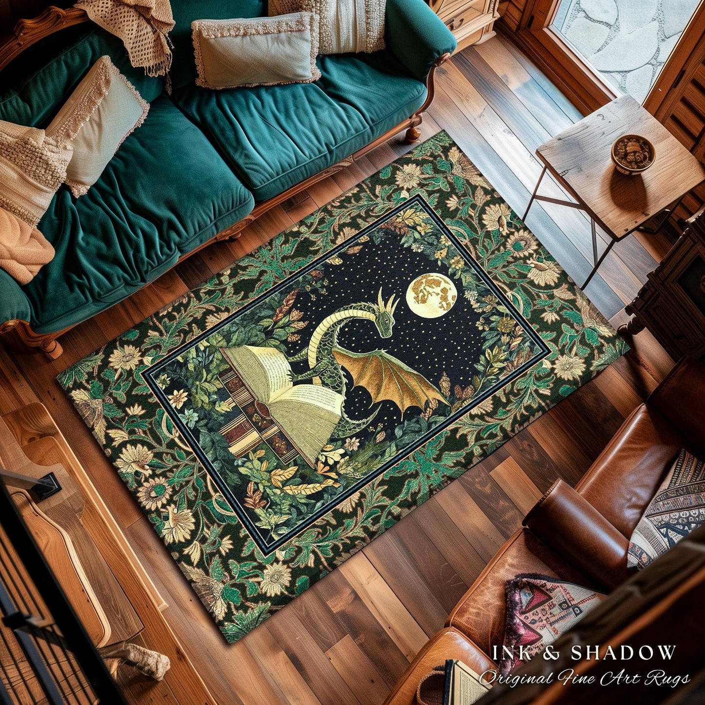 Medieval Library Cozy Reading Rug | Dragon Aesthetic Whimsigothic Dark Academia Decor for Book Nook Crowcore Fairytale Bedroom Rug Victorian