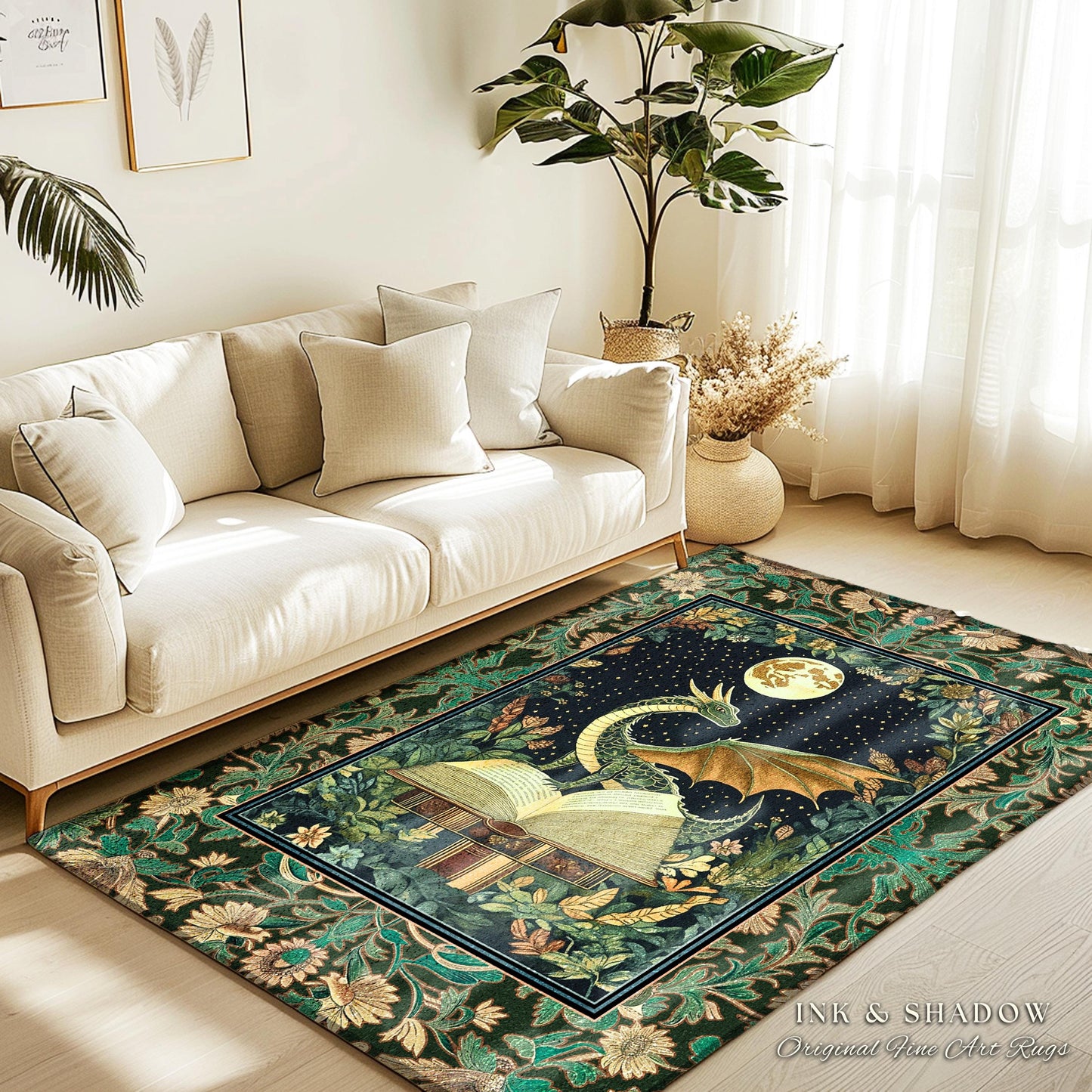 Medieval Library Cozy Reading Rug | Dragon Aesthetic Whimsigothic Dark Academia Decor for Book Nook Crowcore Fairytale Bedroom Rug Victorian