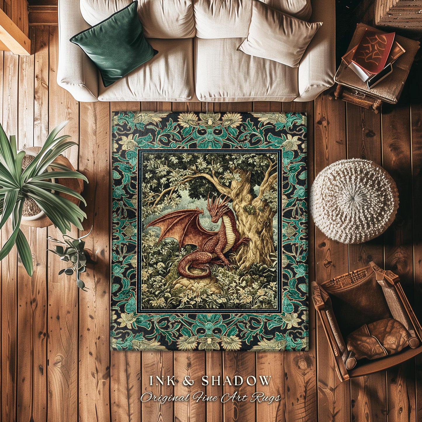 Moody Mythological Dragon Floor Rug | Whimsical Bedroom Dark Medieval Dragon Area Rug Enchanted Gloomy Ethereal Goblincore Style Bedroom |