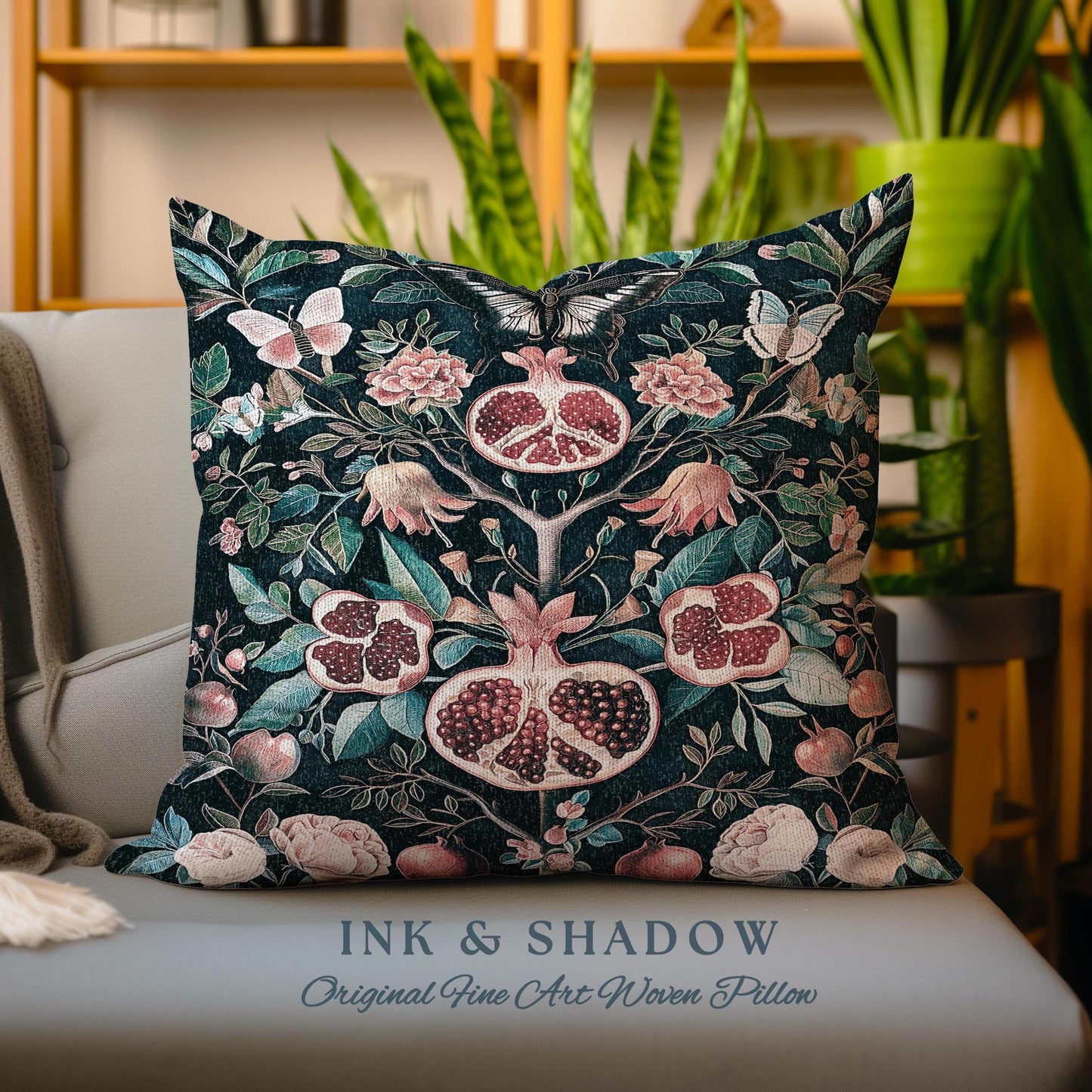 Vintage Pomegranate Tapestry Pillow Floral Whimsigoth Enchanted Botanical Butterfly Cushion | Victorian Gothic Whimsical Woodland Art Decor