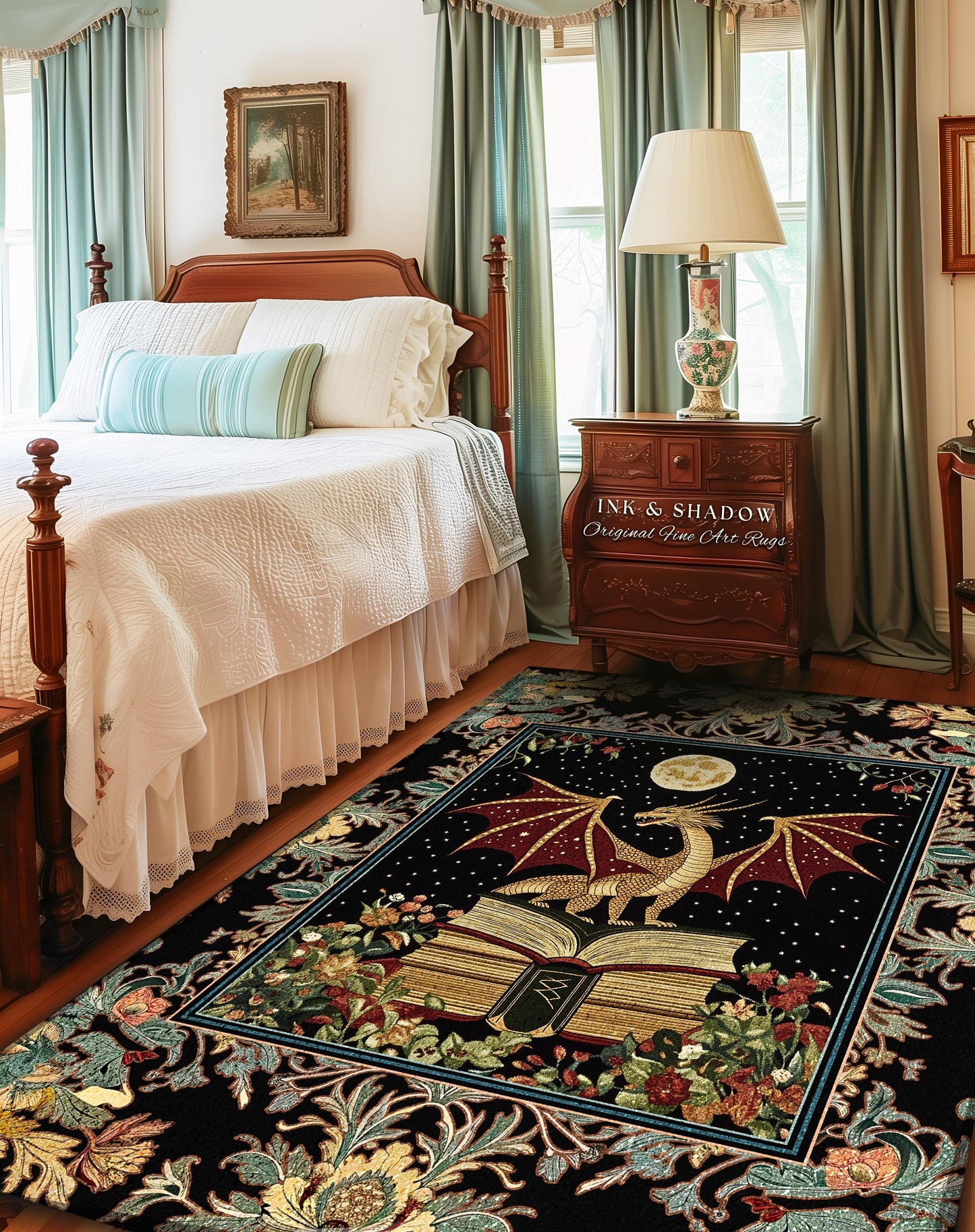 Witchy Dragon Whimsical Area Rug | Magical Mysticism Aesthetic Dark Rug for Book Nook Whimsigothic Bedroom Medieval Gothic Cottagecore Gift