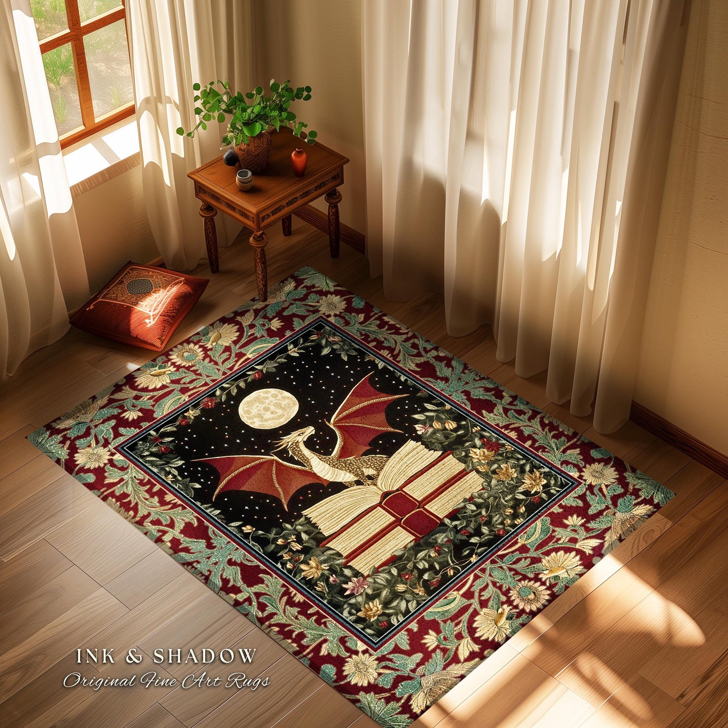 Baroque Maximalist Dragon Lover Rug | Dark Academia Reading Corner Area Rug Ethereal Bedroom Whimsigothic Enchanting Home Accent Boho Gothic