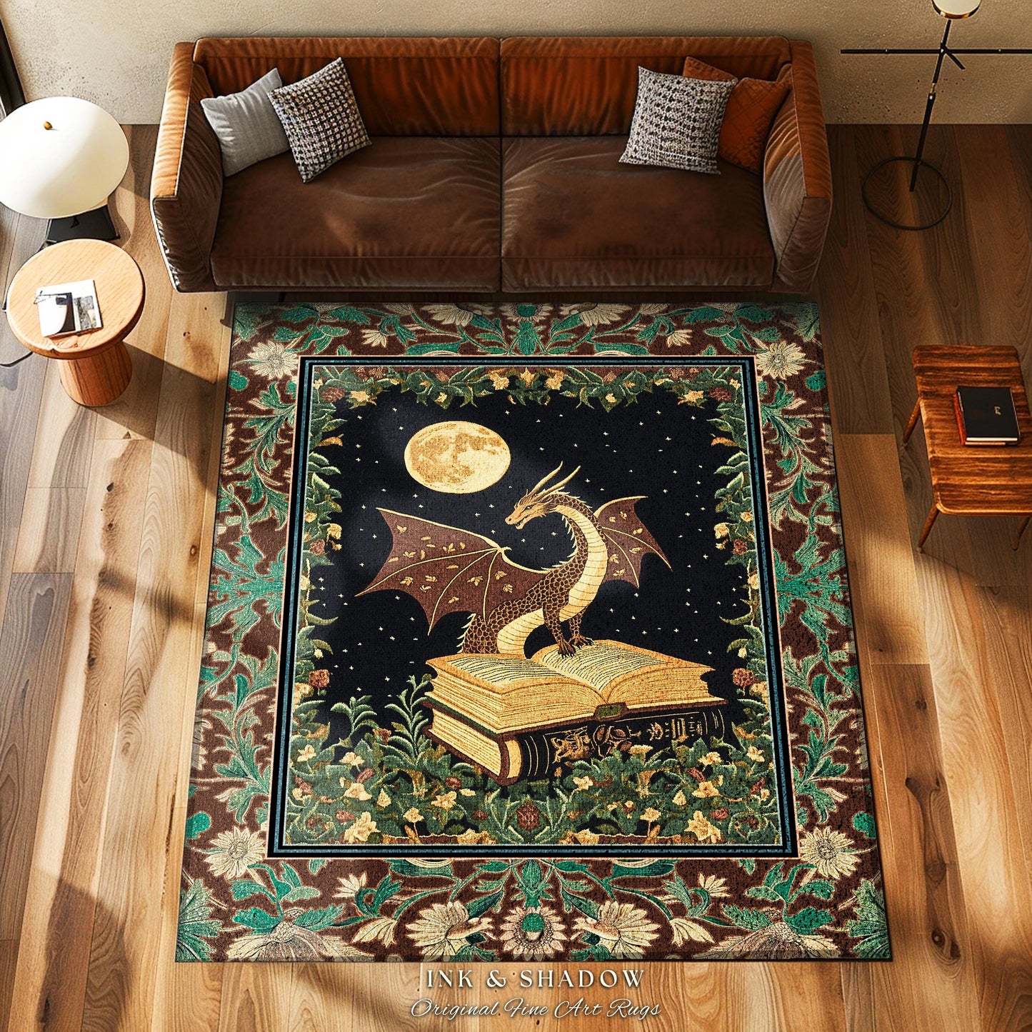 Ethereal Moonlight Storybook Dragon Rug | Whimsical Folklore Accent Rug Whimsical Mysticism Aesthetic Folklore Dark Cottagecore Reader Decor