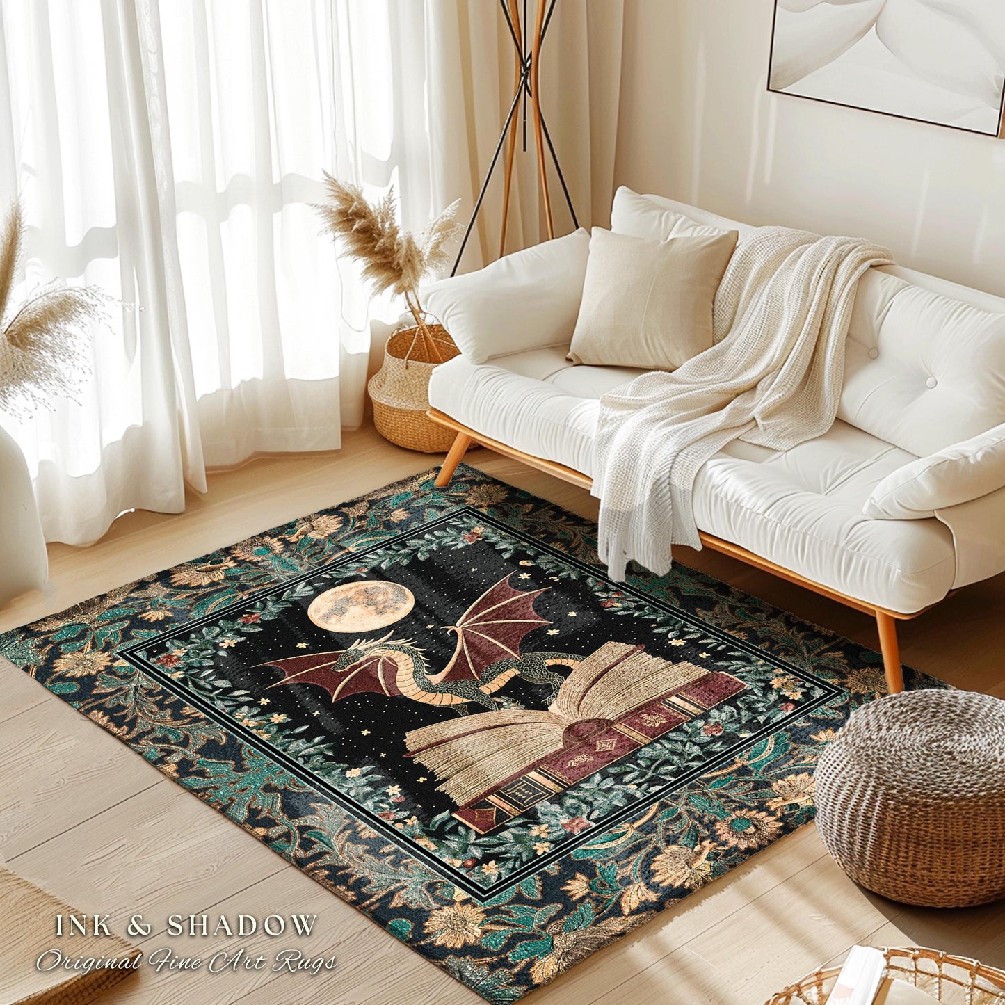 Enchanted Dragon Victorian Area Rug | Magic Woodland Reading Corner Moody Home Accent Rug Bedroom Dark Cottagecore Enchanting Aesthetic Art