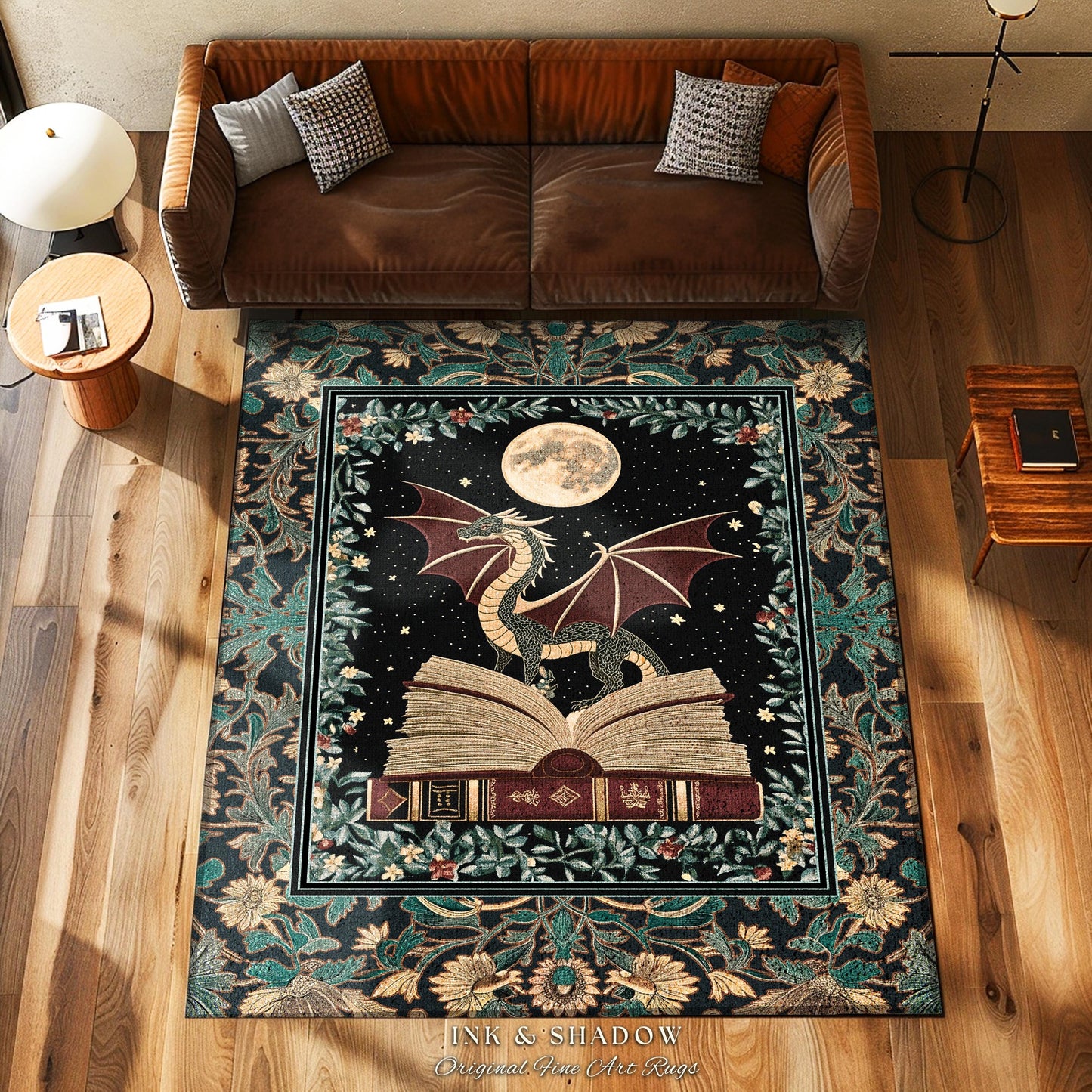 Enchanted Dragon Victorian Area Rug | Magic Woodland Reading Corner Moody Home Accent Rug Bedroom Dark Cottagecore Enchanting Aesthetic Art