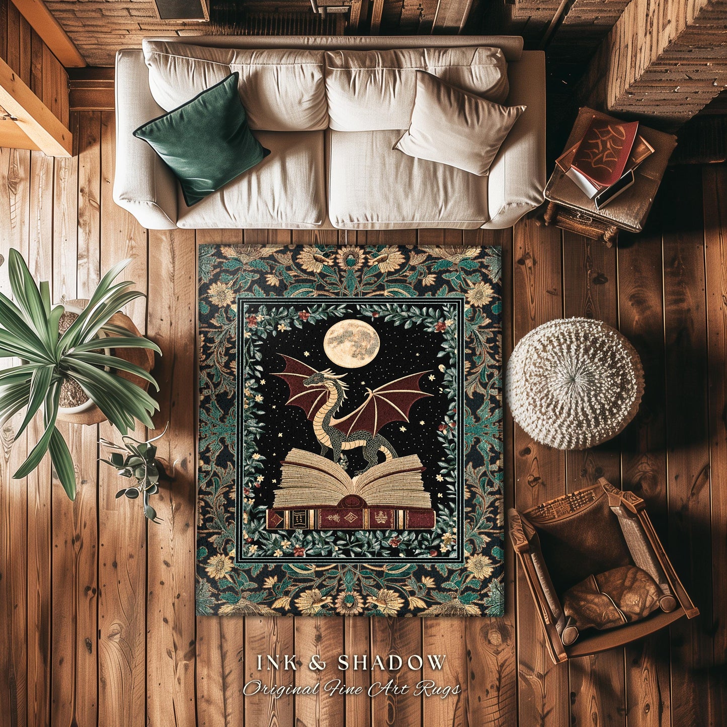 Enchanted Dragon Victorian Area Rug | Magic Woodland Reading Corner Moody Home Accent Rug Bedroom Dark Cottagecore Enchanting Aesthetic Art