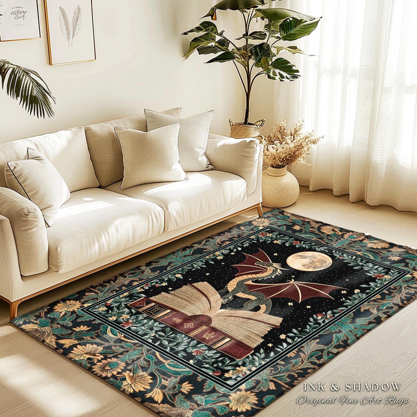 Enchanted Dragon Victorian Area Rug | Magic Woodland Reading Corner Moody Home Accent Rug Bedroom Dark Cottagecore Enchanting Aesthetic Art