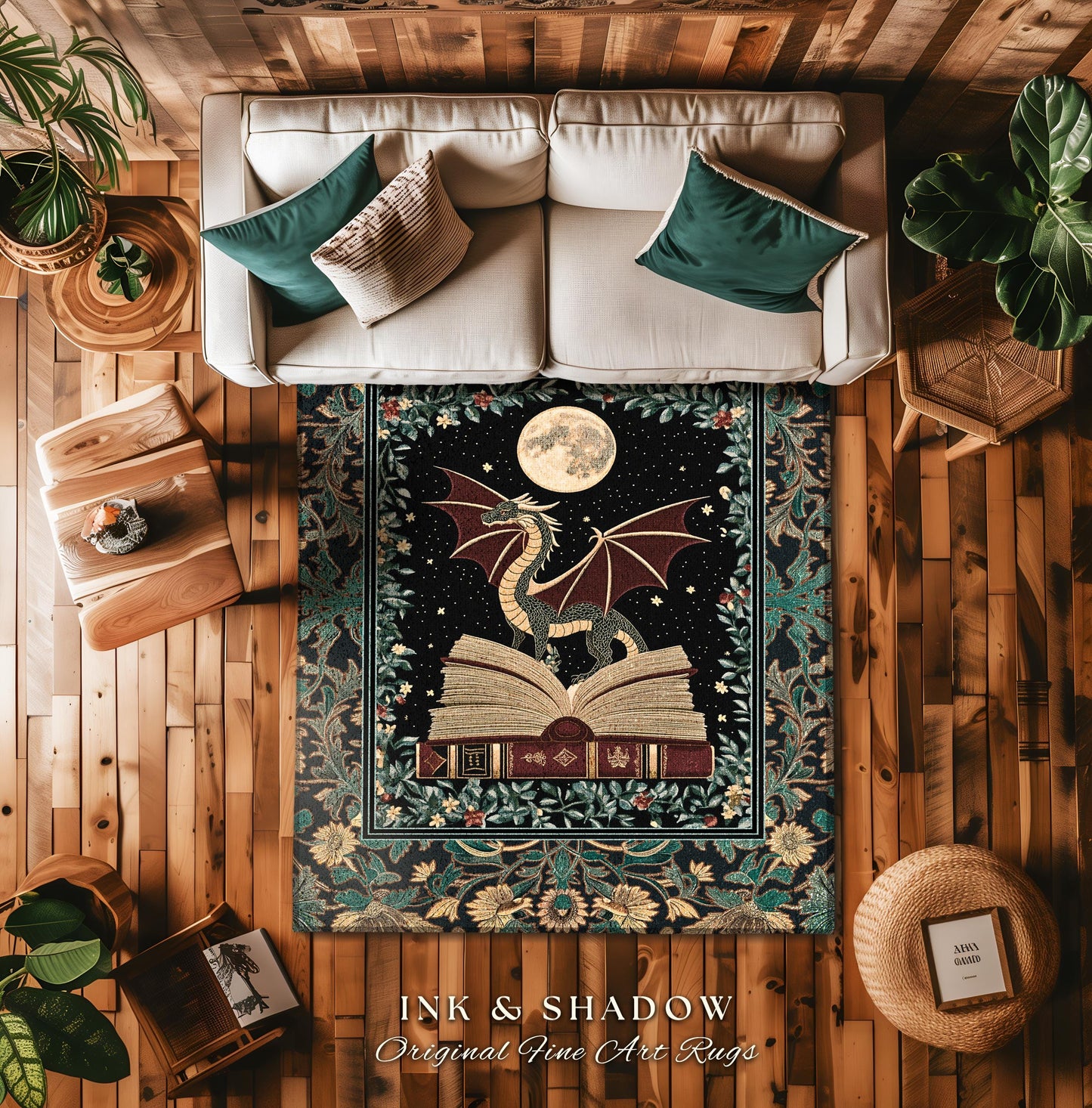 Enchanted Dragon Victorian Area Rug | Magic Woodland Reading Corner Moody Home Accent Rug Bedroom Dark Cottagecore Enchanting Aesthetic Art