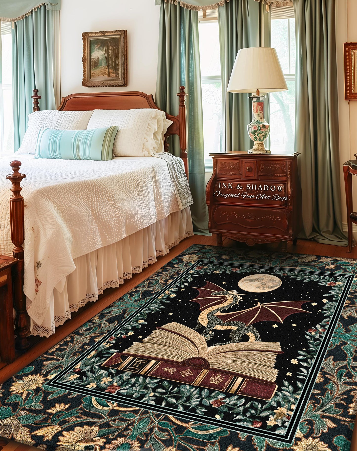 Enchanted Dragon Victorian Area Rug | Magic Woodland Reading Corner Moody Home Accent Rug Bedroom Dark Cottagecore Enchanting Aesthetic Art