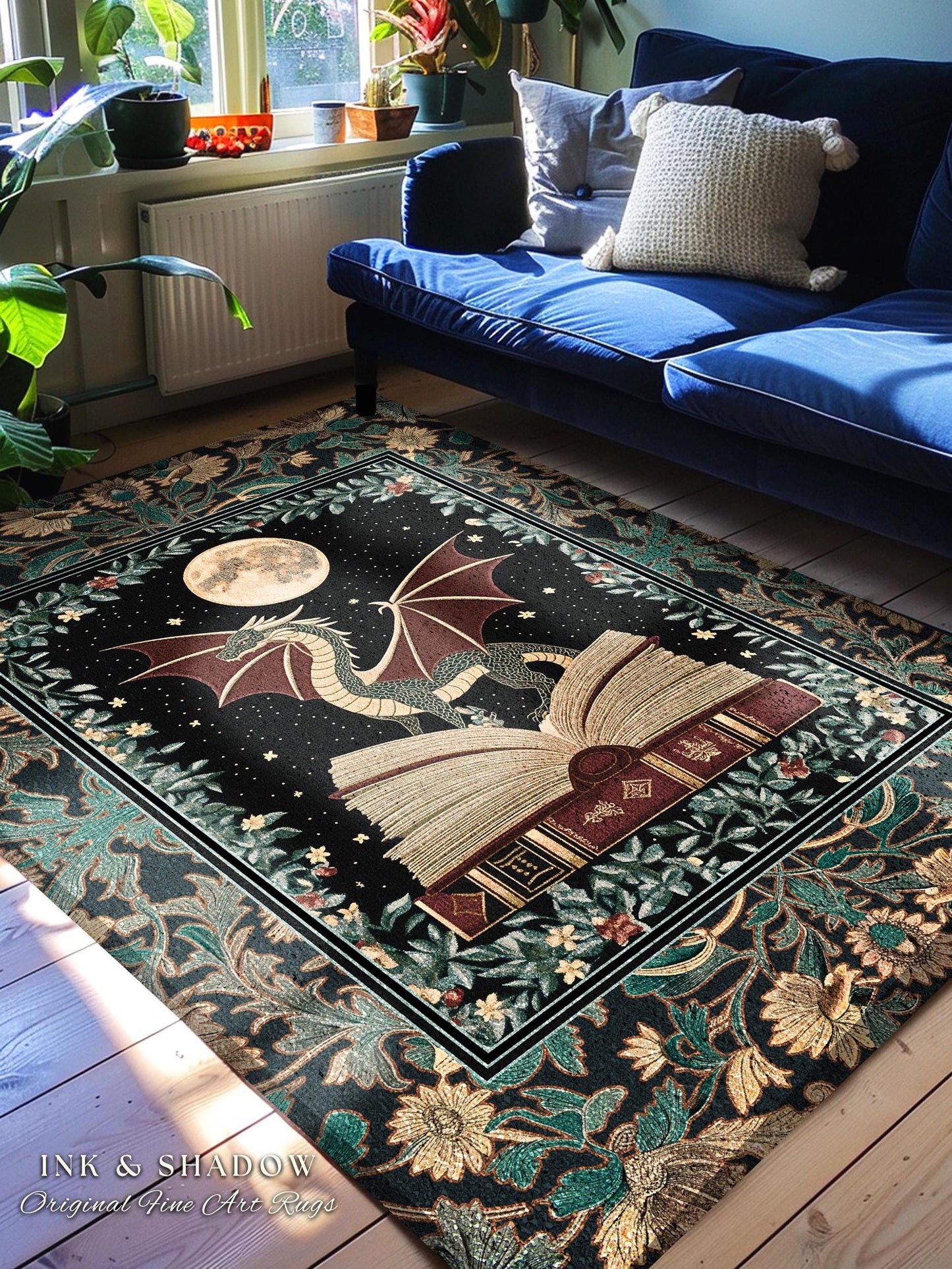 Enchanted Dragon Victorian Area Rug | Magic Woodland Reading Corner Moody Home Accent Rug Bedroom Dark Cottagecore Enchanting Aesthetic Art