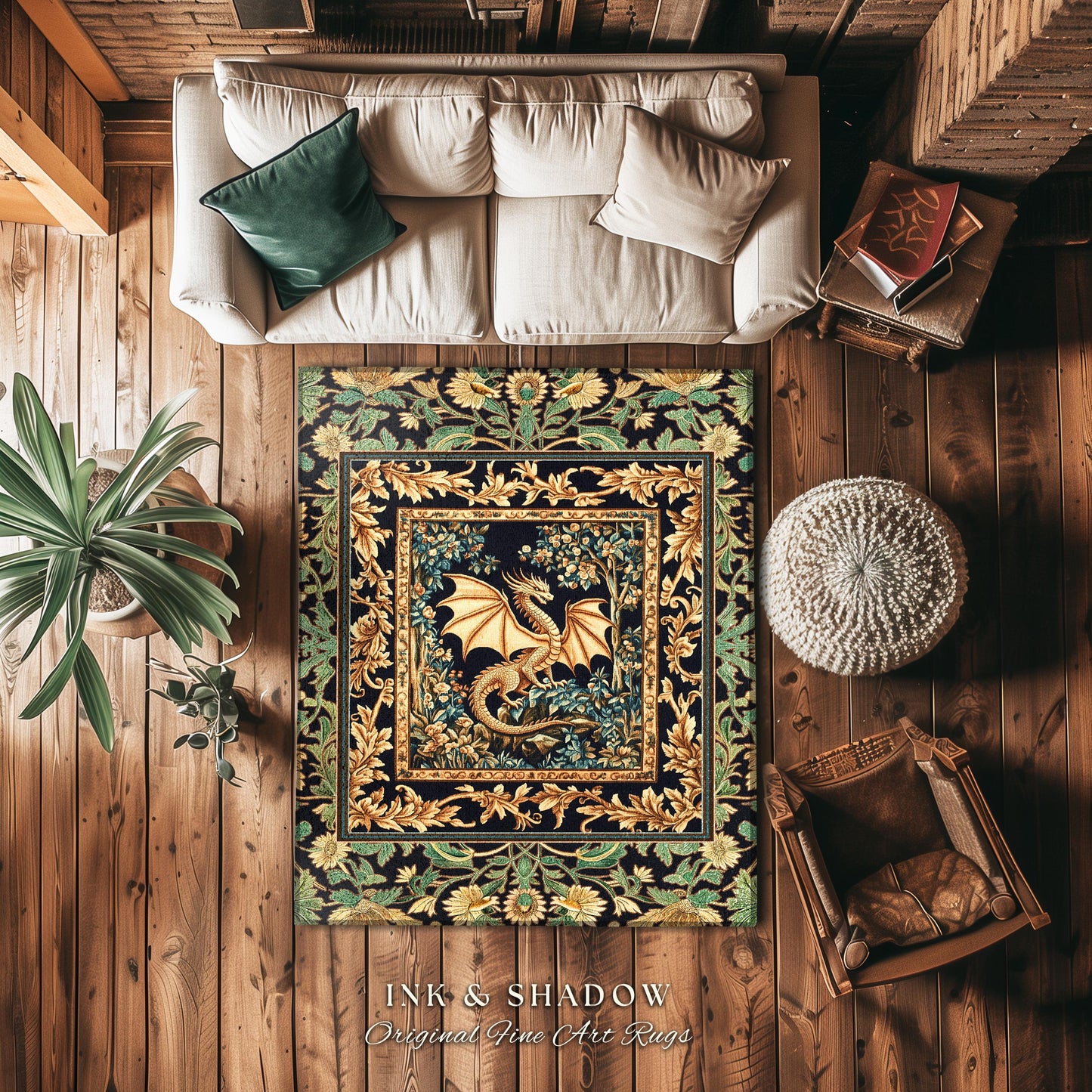 Ornate Floral Victorian Dragon Area Rug | Gothic Elegance Medieval Gilt Accent Rug Golden Chinese Dragon Reading Corner Occult Home Accent