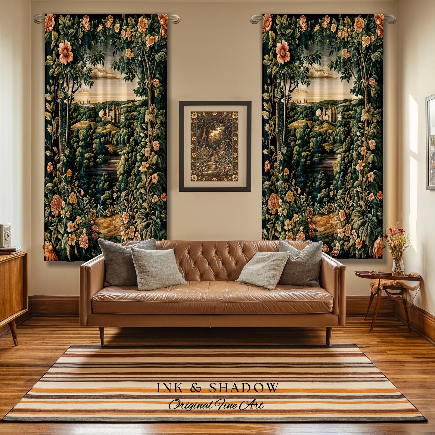 Princess Medieval Castle Window Curtains | Rustic Floral Landscape Whimsigoth Ethereal Bedroom Aesthetic Drapes Woodland Goth Romantic Decor