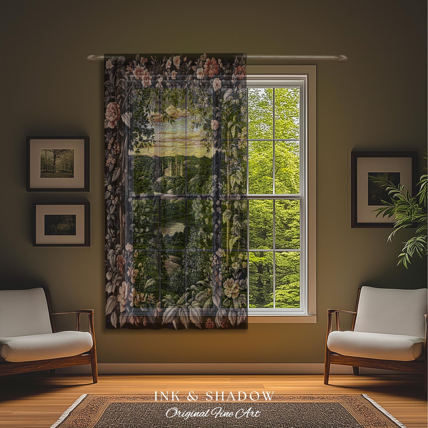 Pastel Fairy Aesthetic Curtains | Ethereal Woodland Royalcore Rosy Blackout Curtain Bedroom Botanical Landscape Medieval Princess Rustic |
