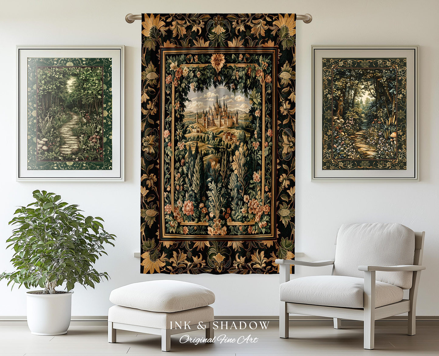 Dark Academia Victorian Royal Curtain | Fantasy Window Blackout Decor Woodland Princess Medieval Rustic Floral Landscape Coquette Maximalist