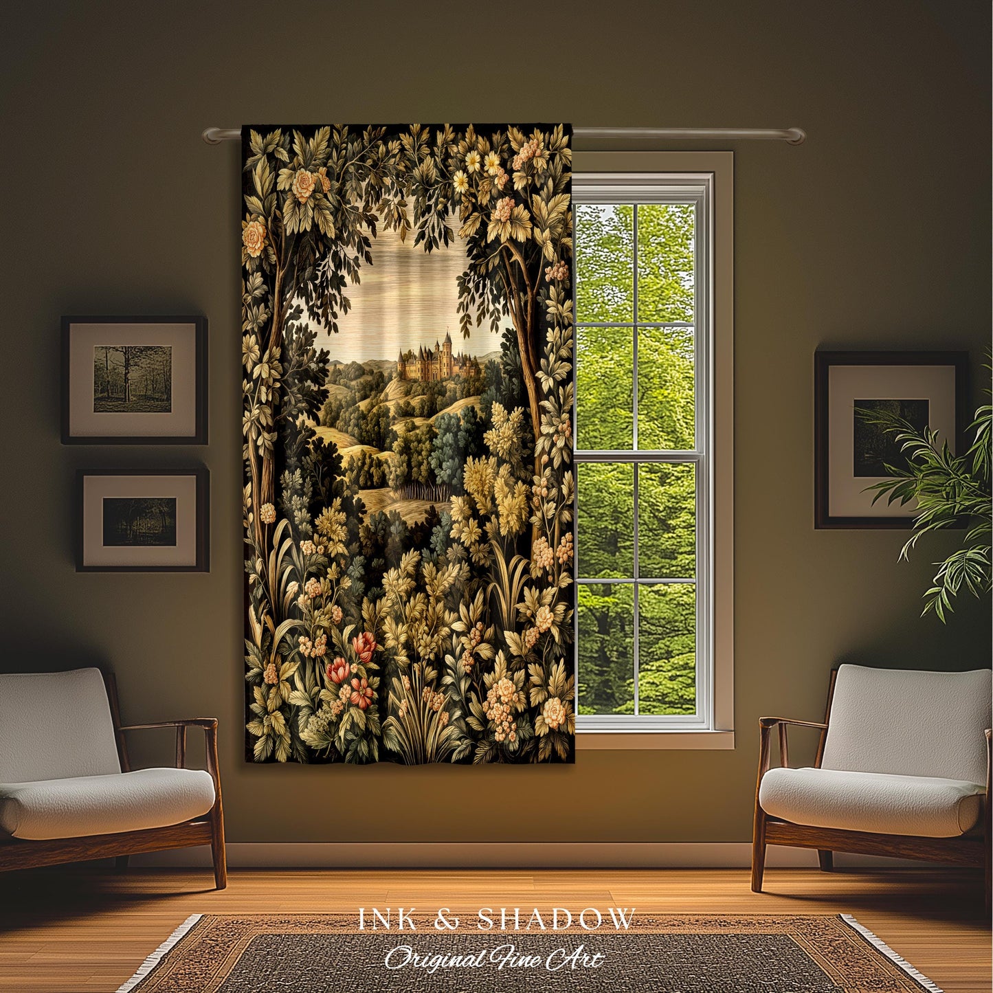 Medieval Meadow Window Drapes | Rustic Fairytale Castle Landscape Woodland Fairy Folklore Princesscore Aesthetic Mystic Victorian Curtains |
