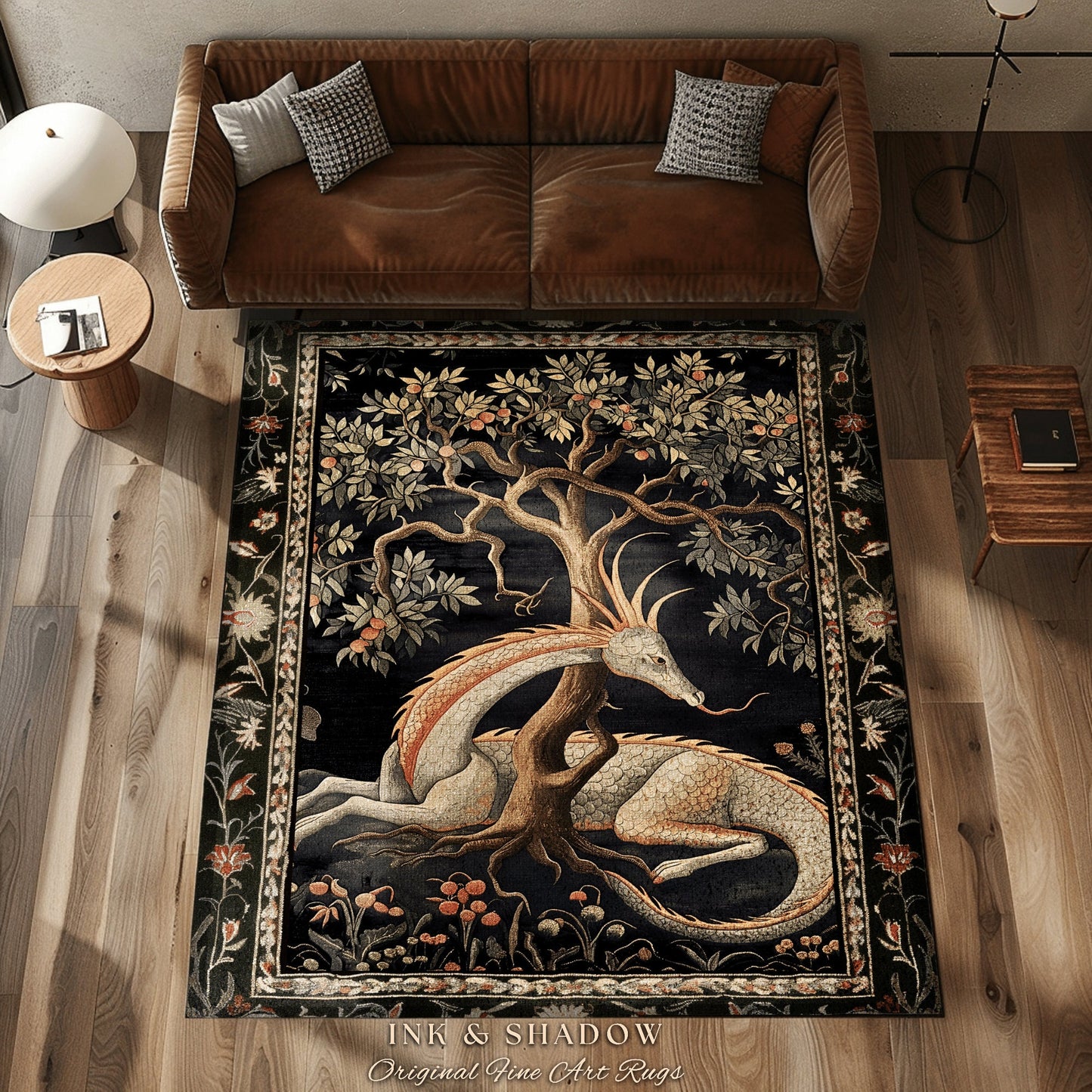 Forest Spirit Round Area Rug | Dark Cottagecore Gothic Book Nook Decor Fairy Core Bedroom Magical Dragon Aesthetic Maximalist Game Room Rug